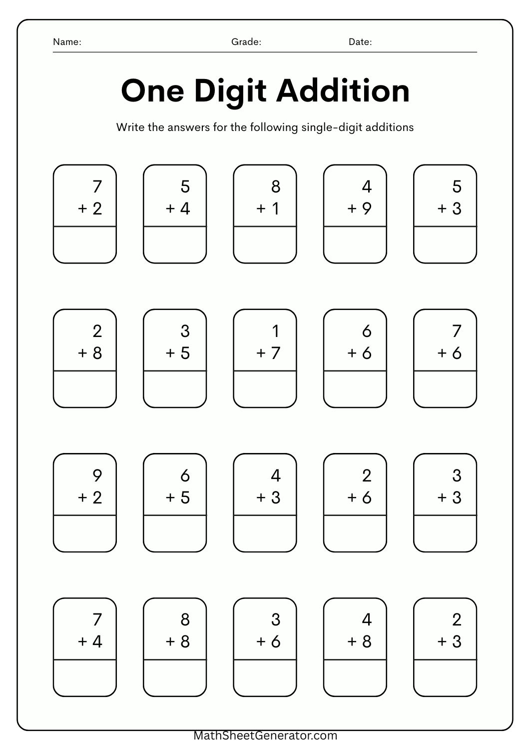 1 digit addition worksheet 1