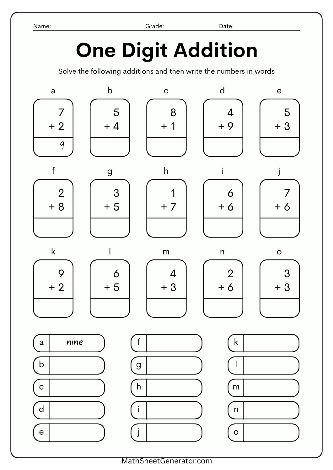 1 digit addition worksheet 2