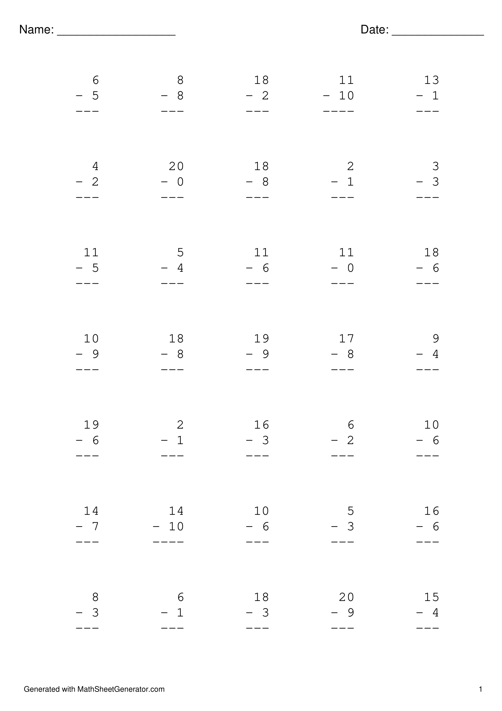 1st grade subtraction worksheet-1