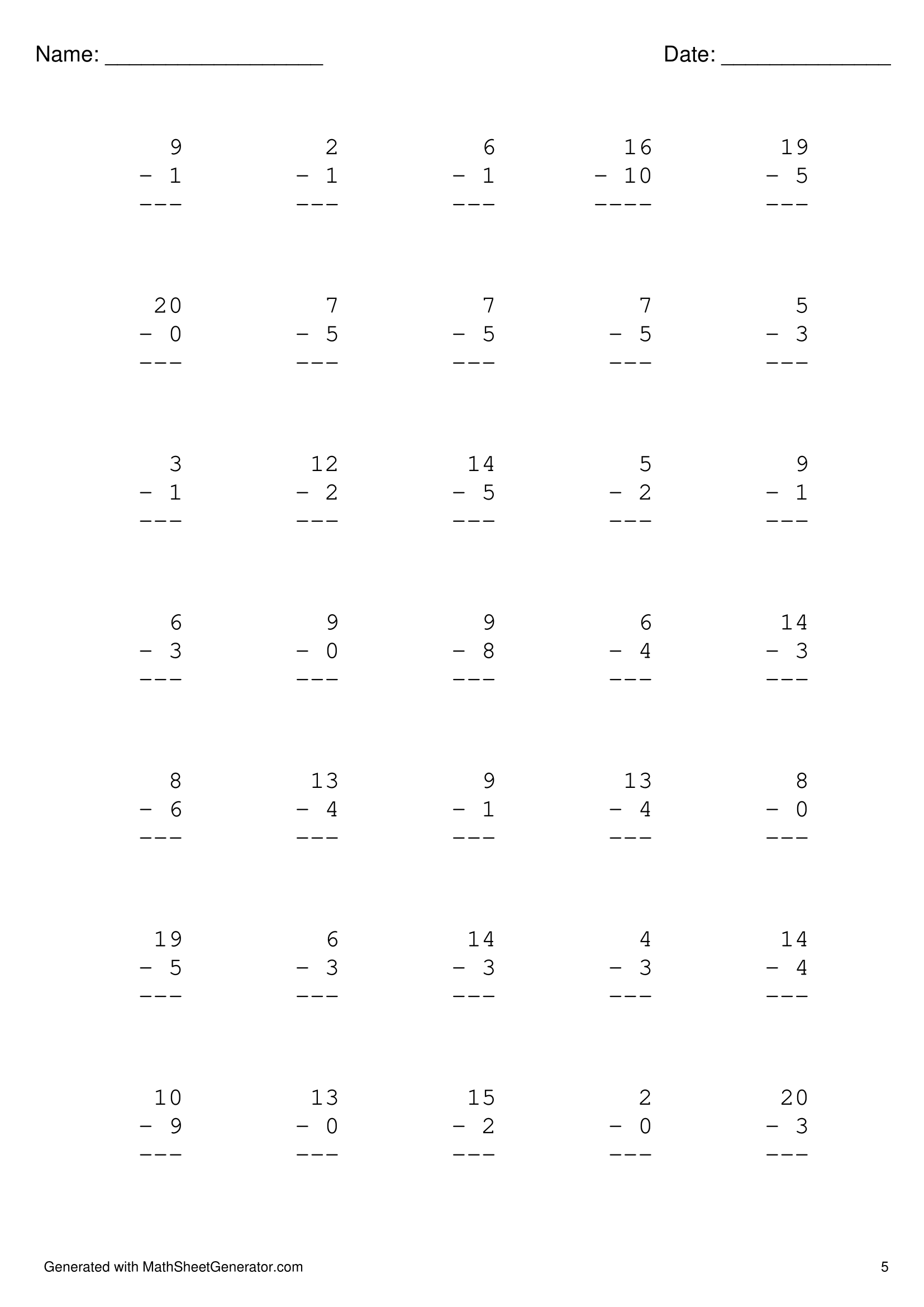 [1st grade] Subtraction worksheets, 5 pages, 35 problems each