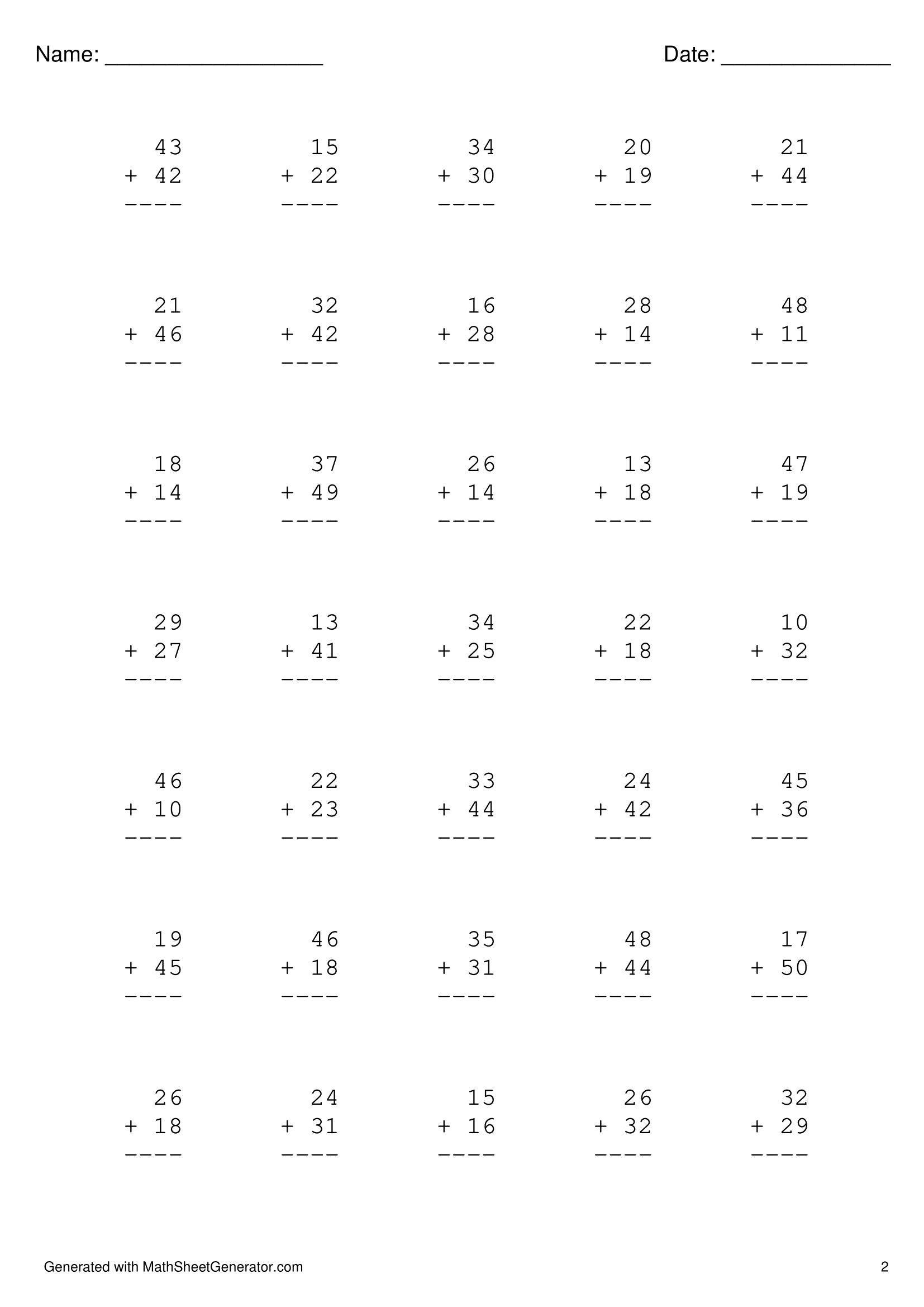 2 digits plus 2 digits 1st grade - 2