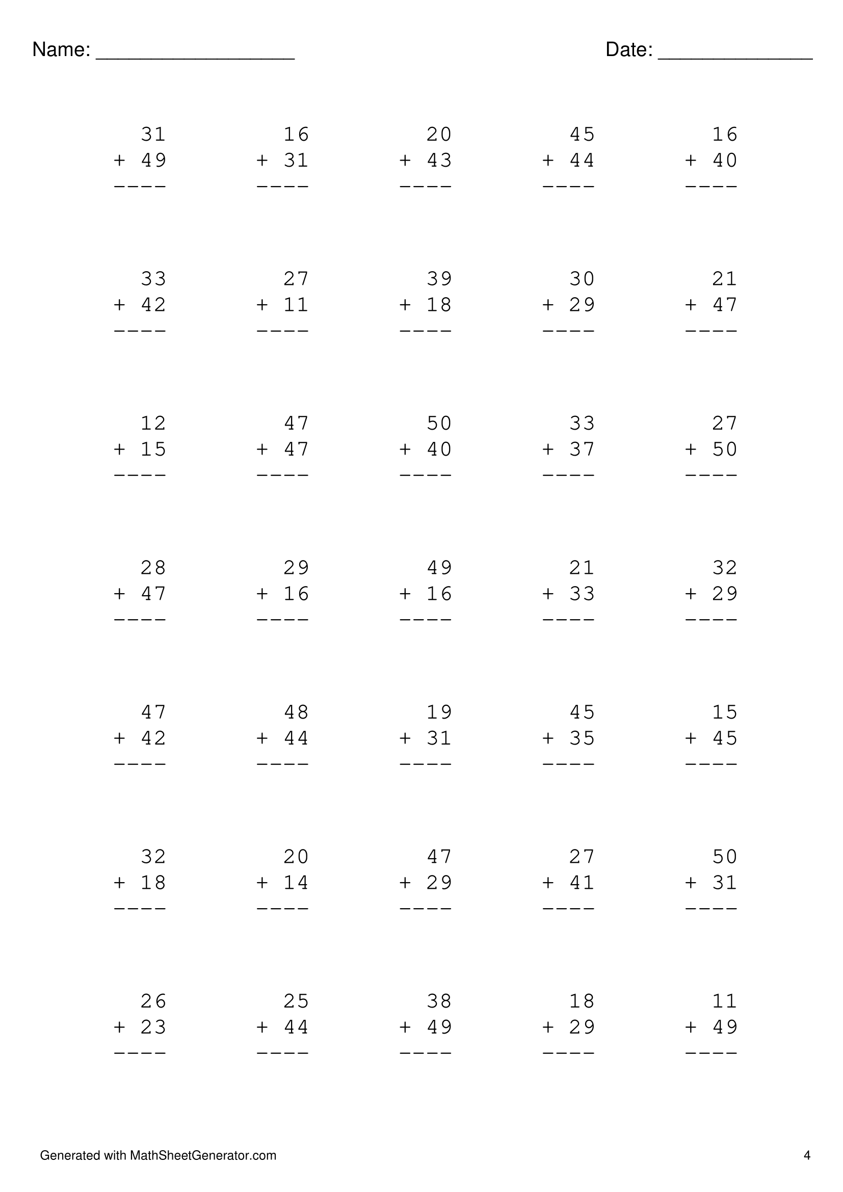 2 digits plus 2 digits 1st grade - 4