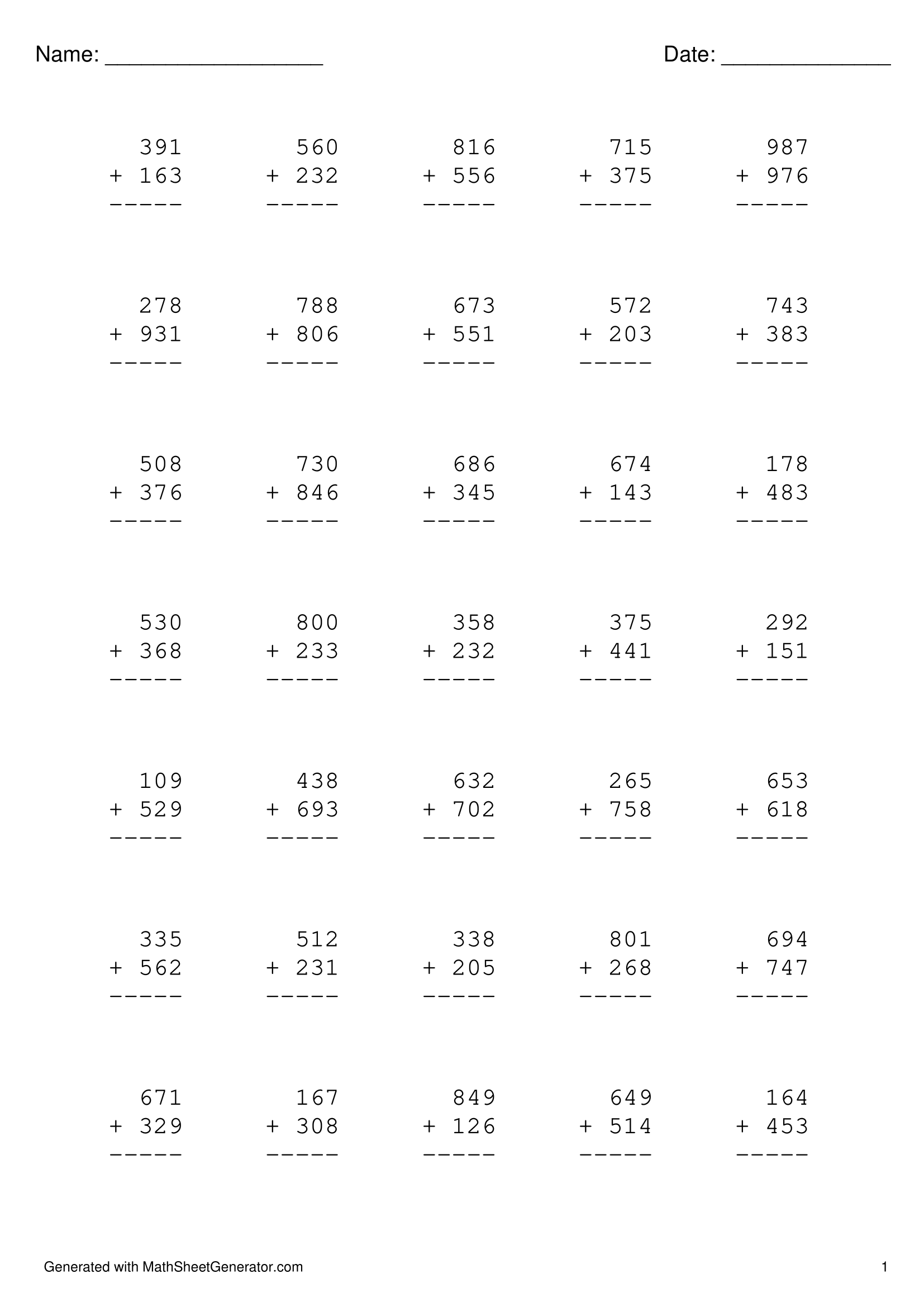 3 digits addition worksheet -1