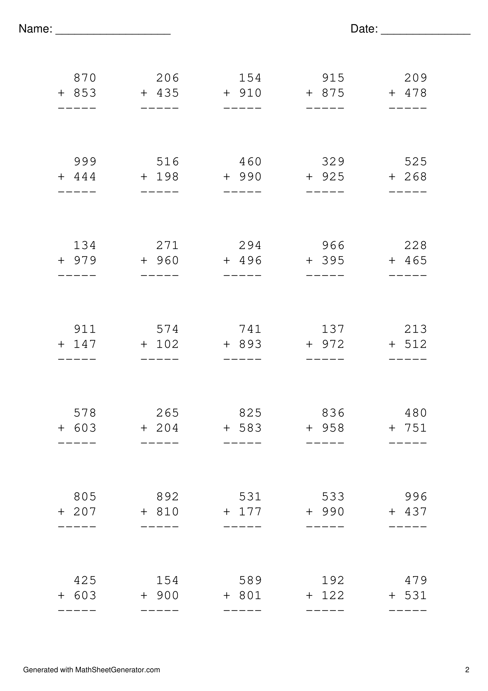 3 digits addition worksheet -2