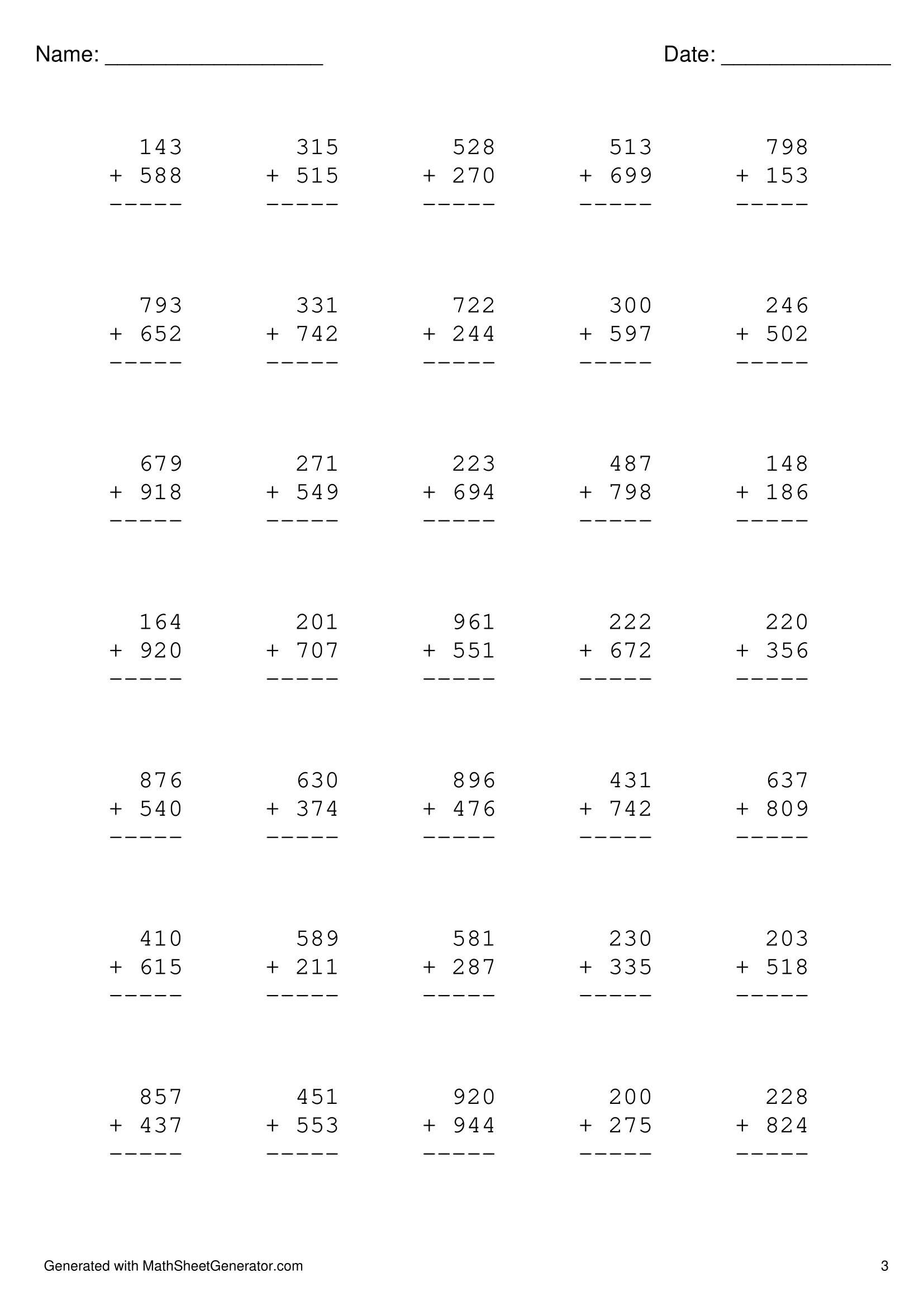 3 digits addition worksheet -3