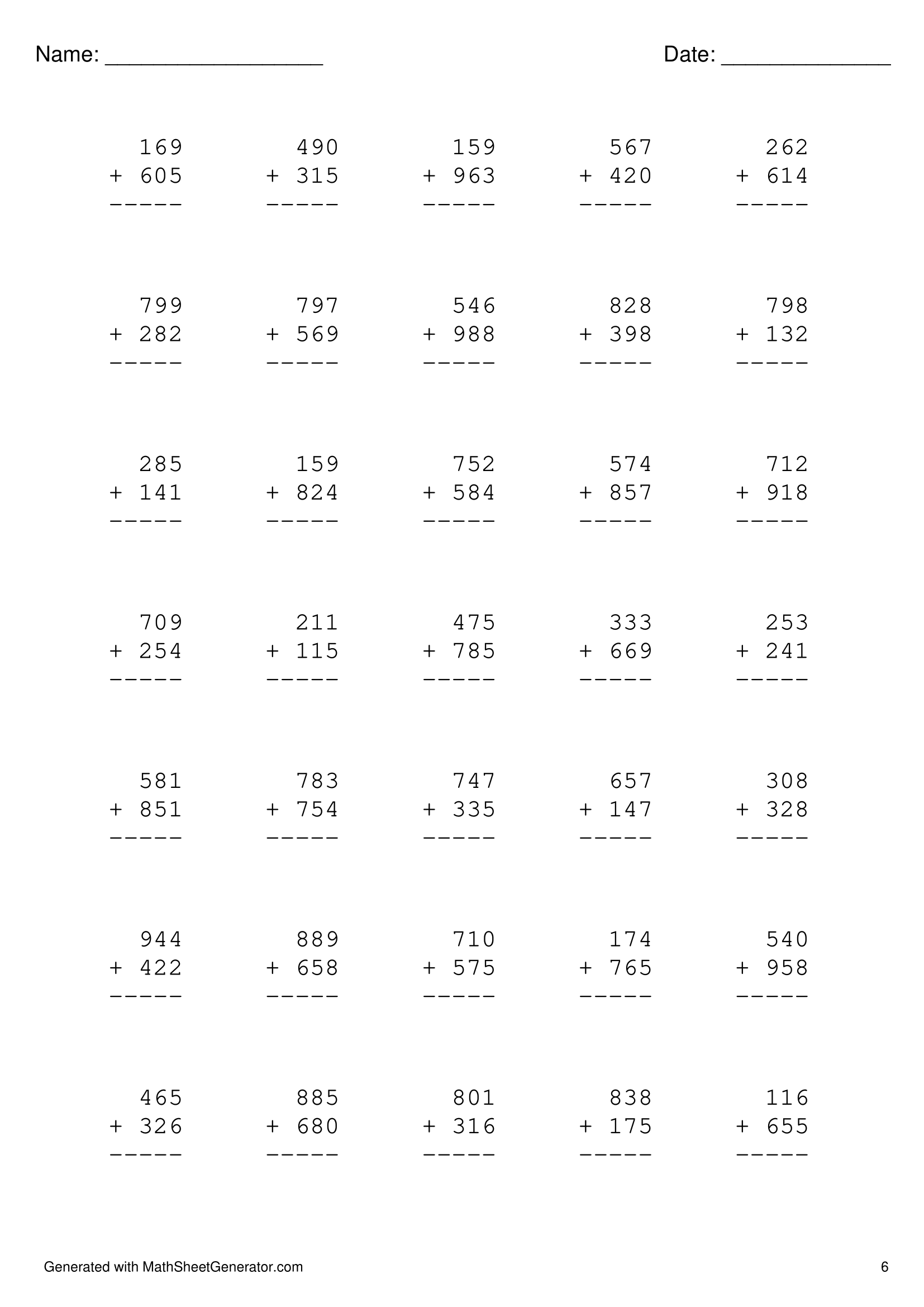 [2nd / 3rd grade] 3 digits addition worksheets, 6 pages