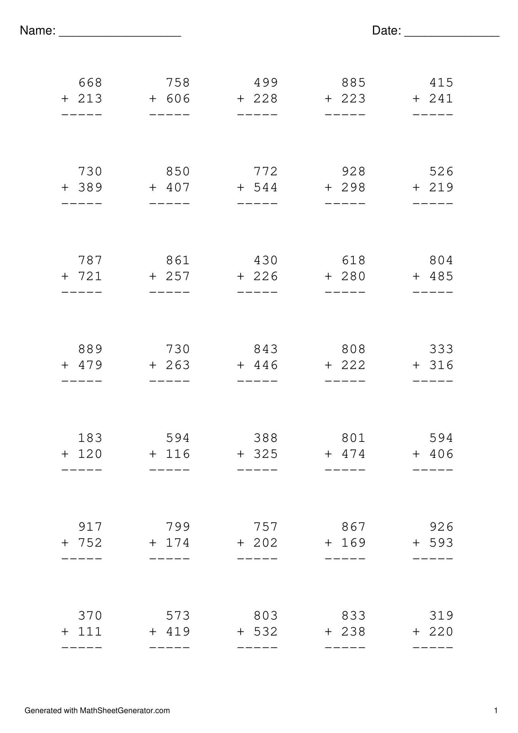 3 digits plus 3 digits addition worksheet for 2nd grade