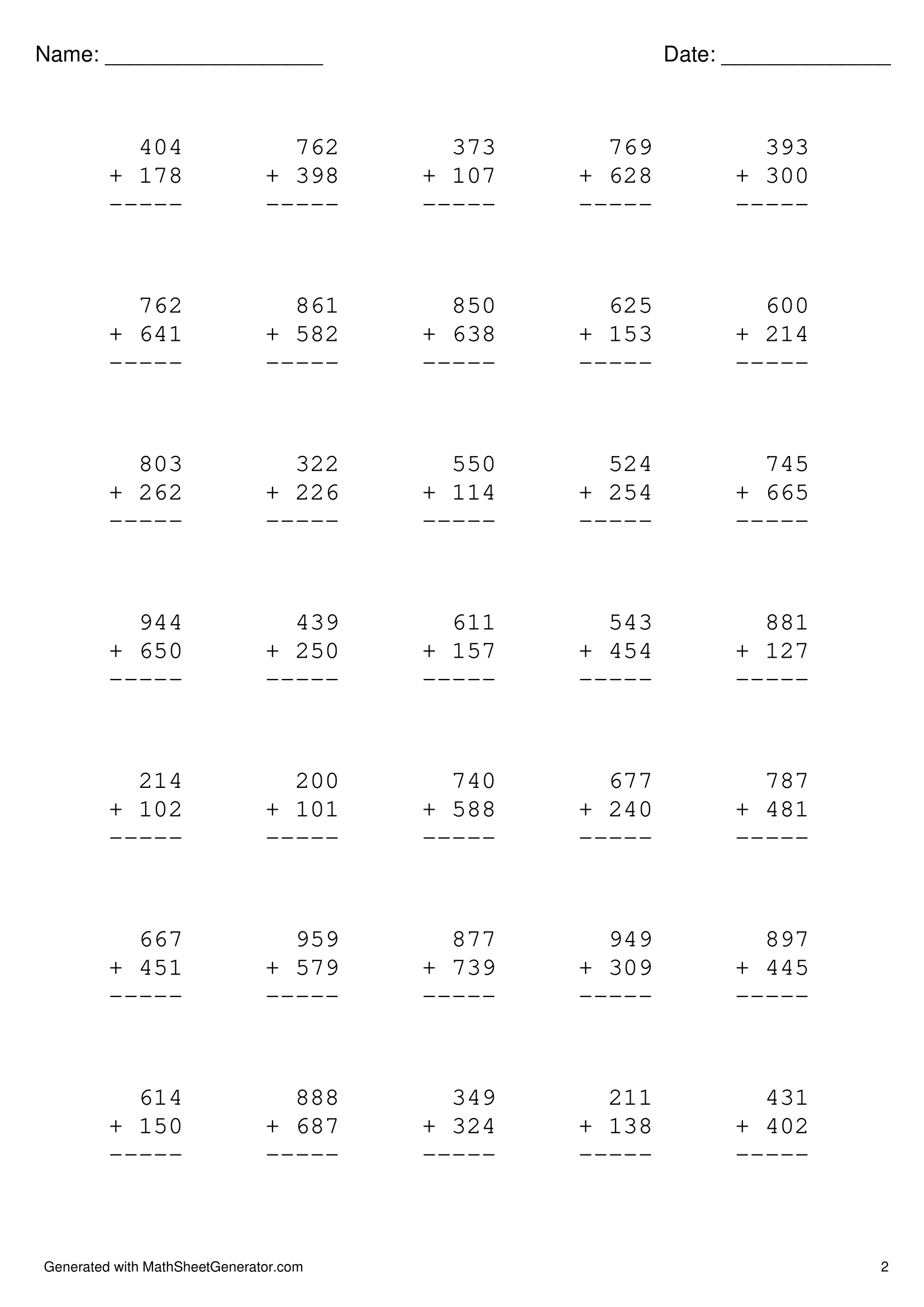 3 digits plus 3 digits addition worksheet for 2nd grade