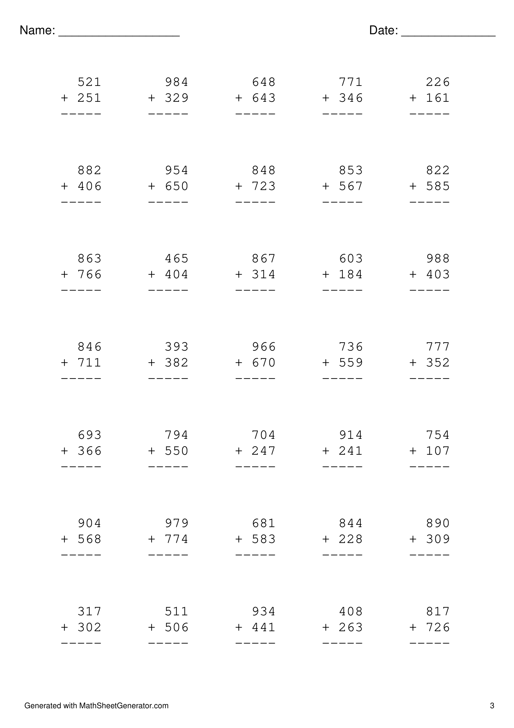 3 digits plus 3 digits addition worksheet for 2nd grade