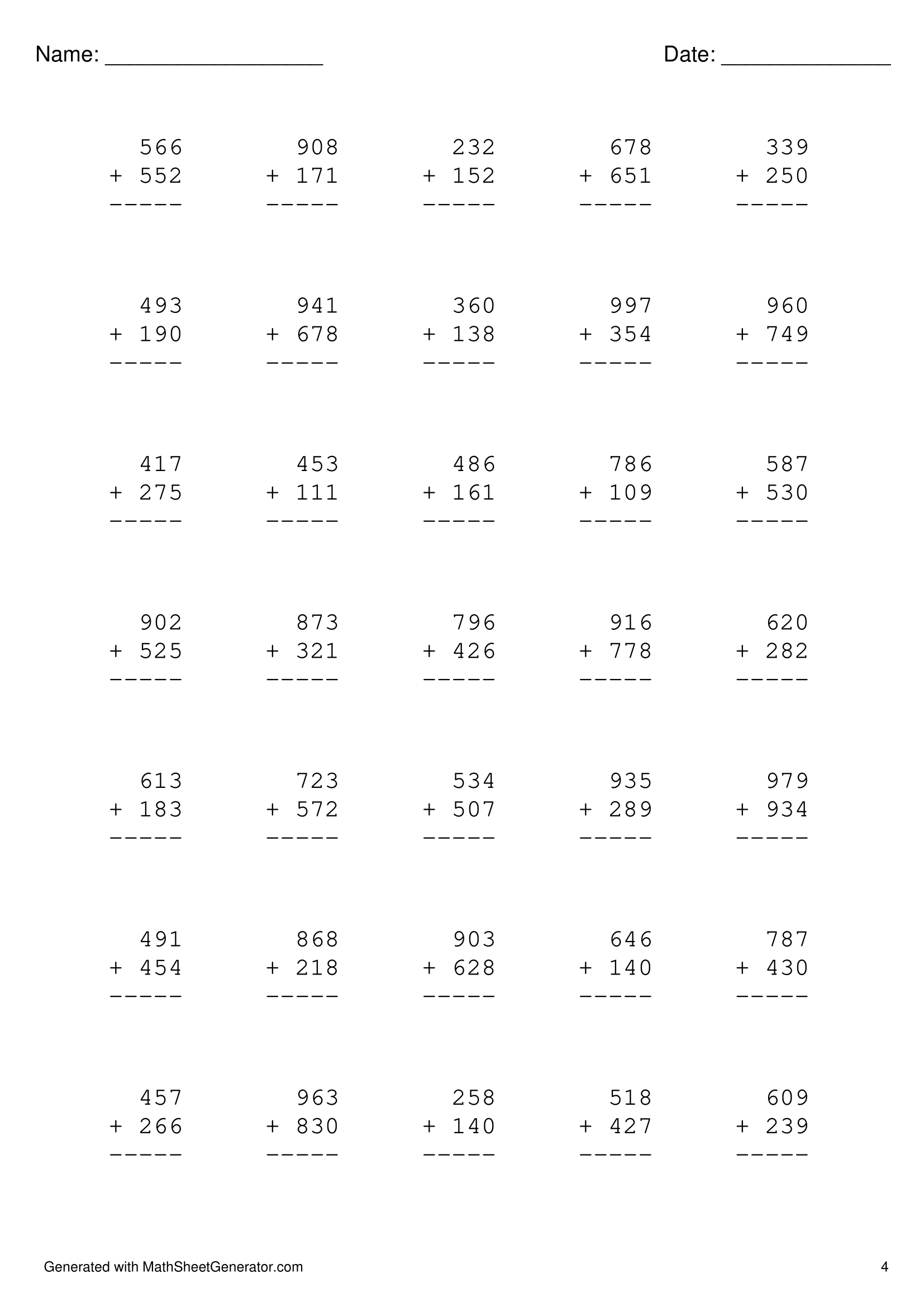 3 digits plus 3 digits addition worksheet for 2nd grade