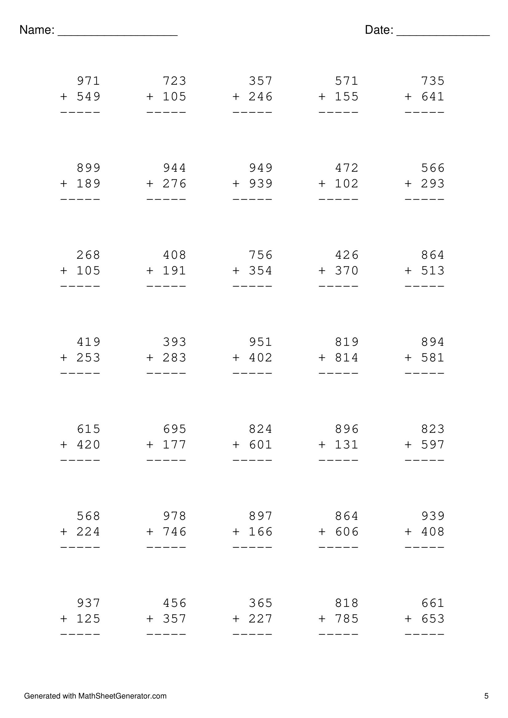 [2nd grade] 3 digits plus 3 digits addition worksheet – 5 pages