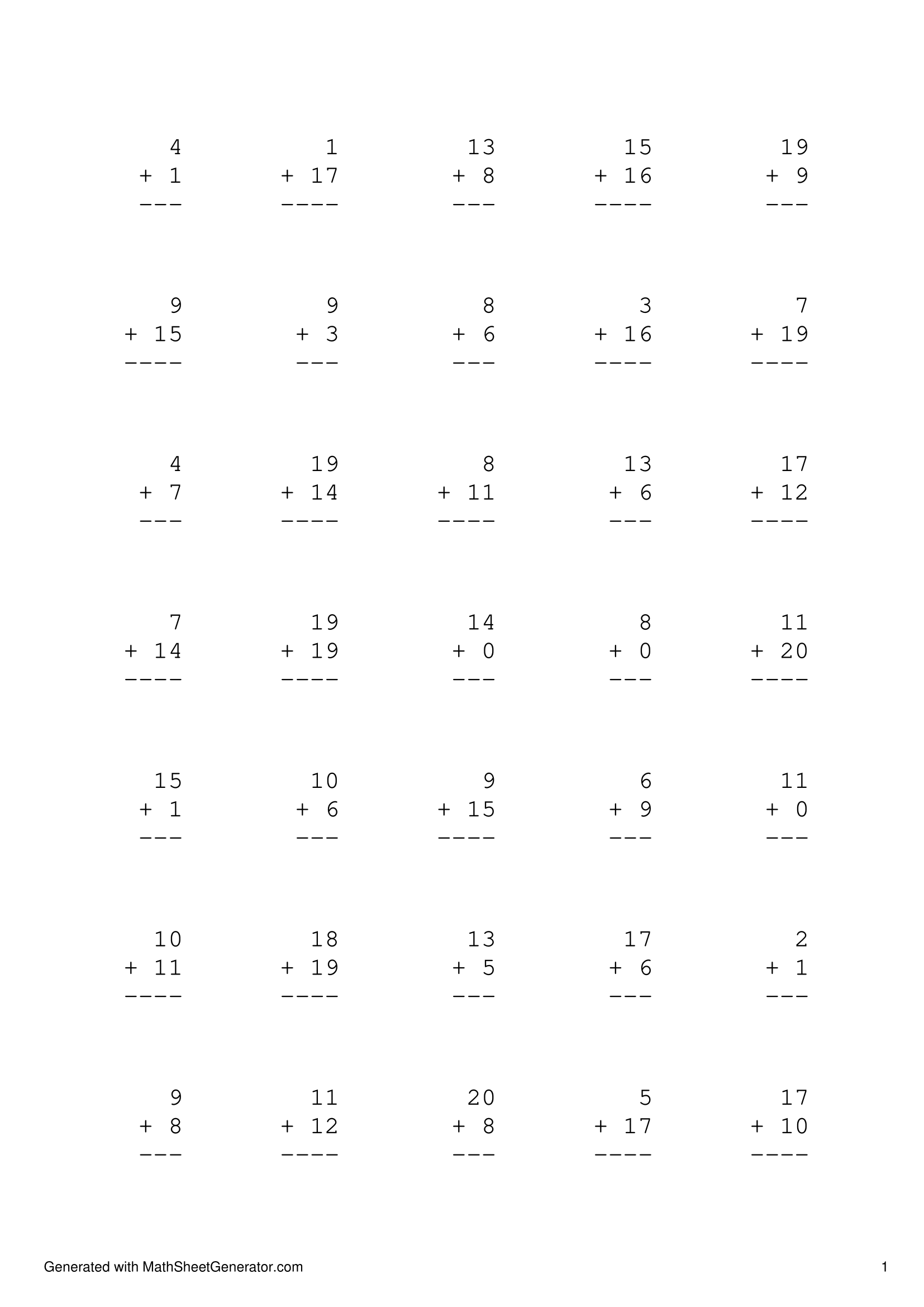 addition worksheet 1 grade, add up 40