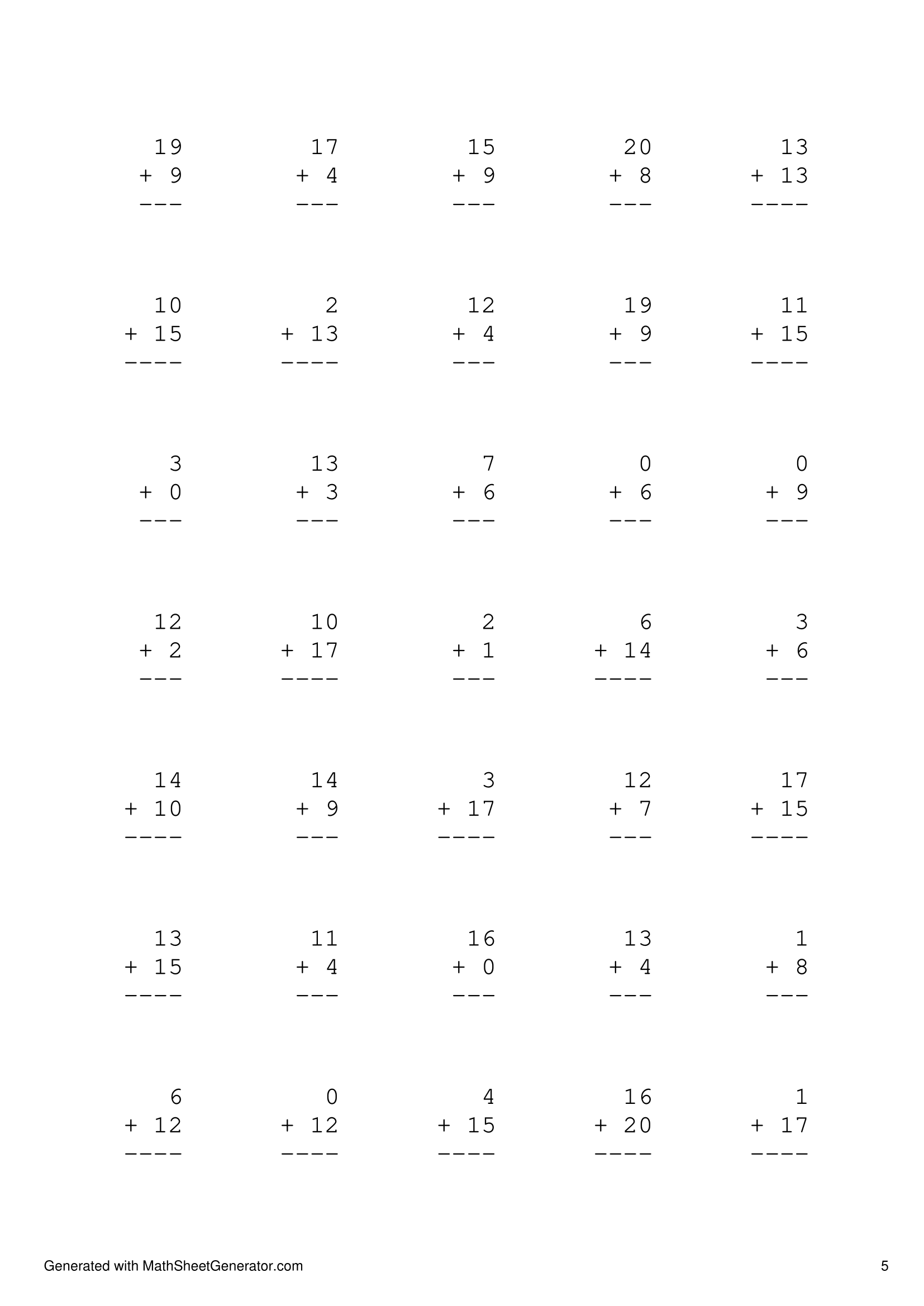 Five math worksheets for Addition for 1st grade