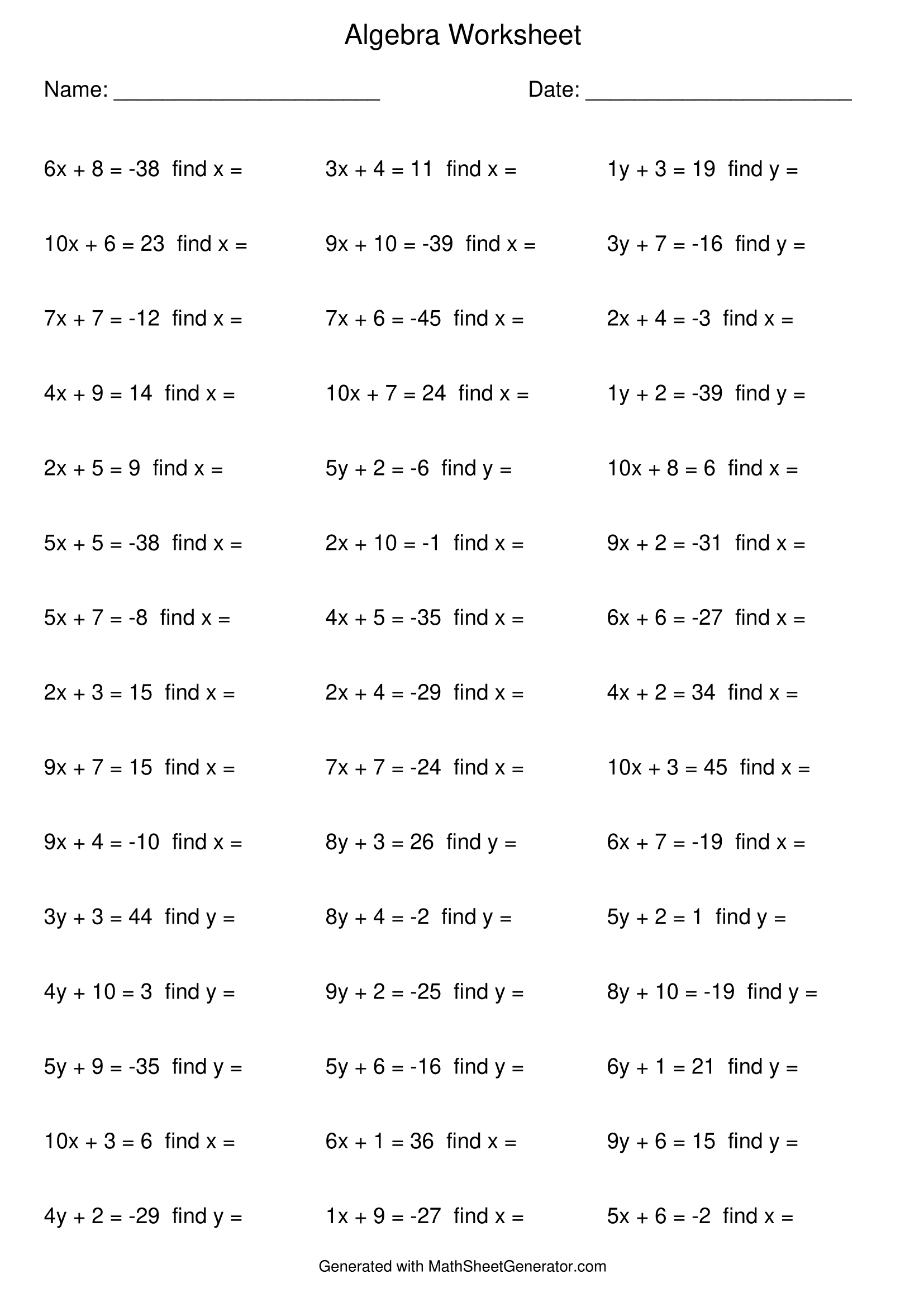 Six Algebra Worksheet for 6-7th grade