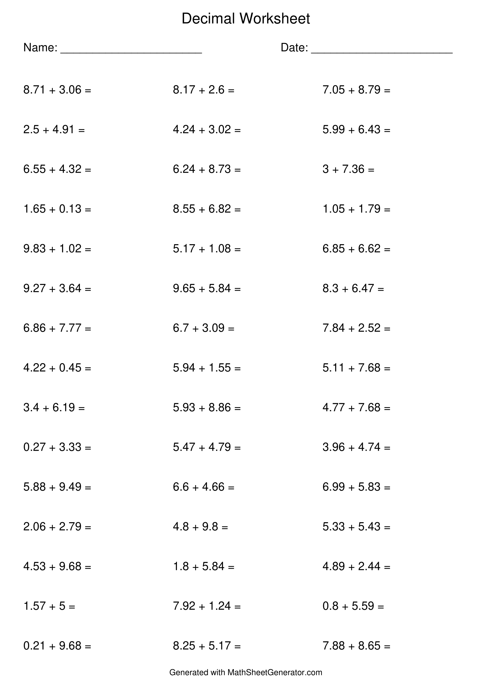 3rd grade Decimal exercises – five worksheets of addition of decimals