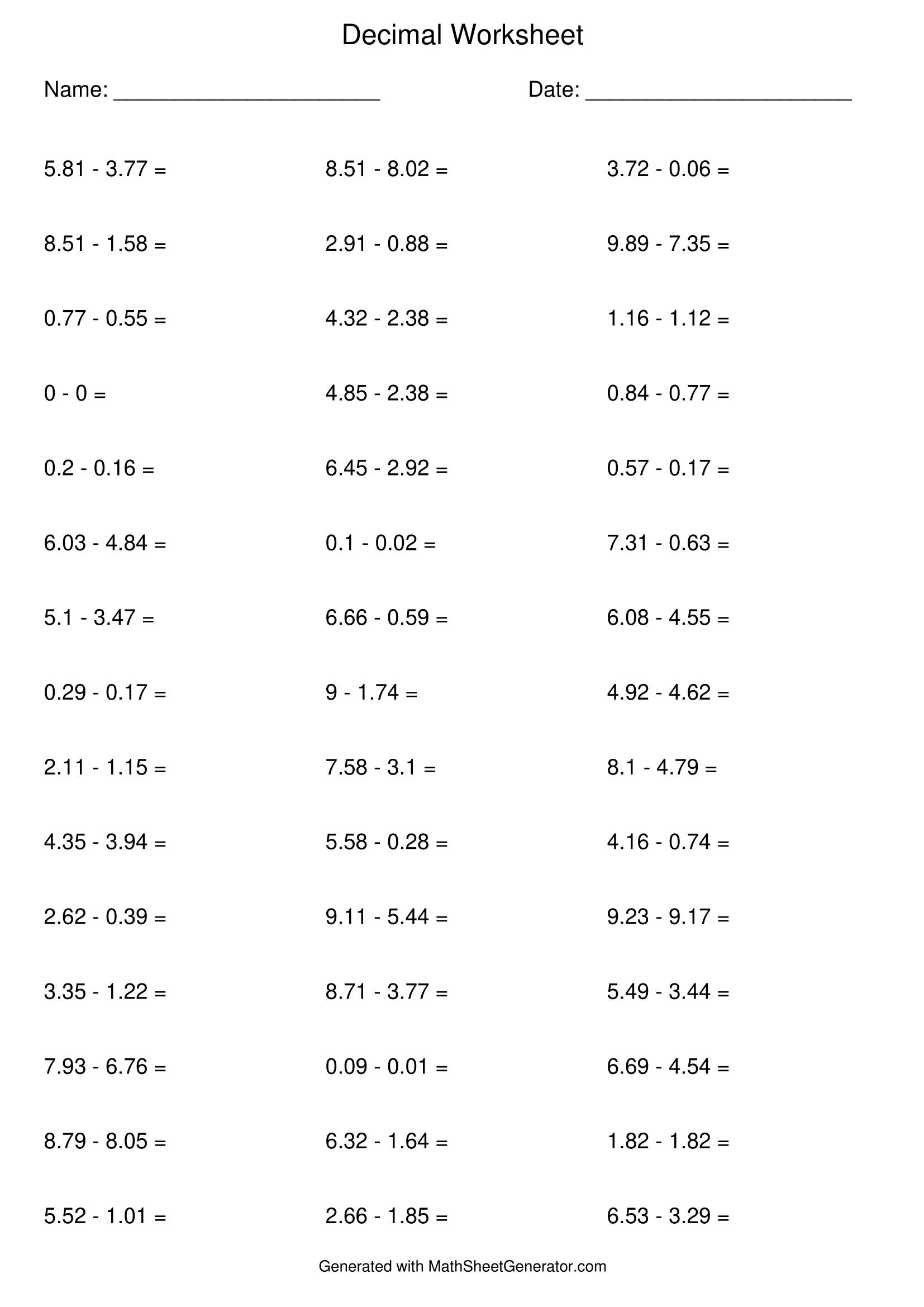 6 worksheets of subtraction of decimals for 4th grade