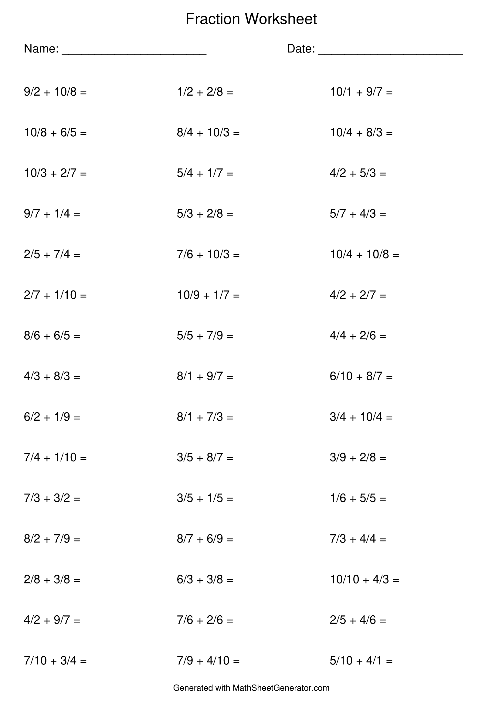 Five worksheets of addition of fractions for 3 – 4 th grade