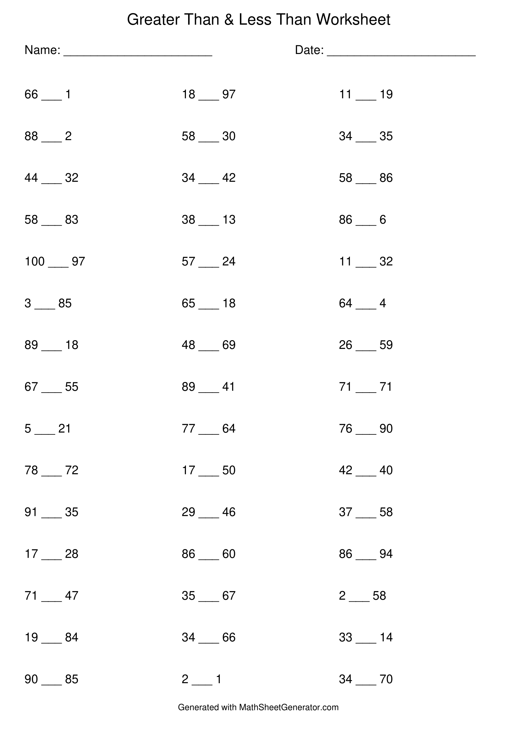 [1st grade] Five worksheet for greater than or less than, 45 problems each