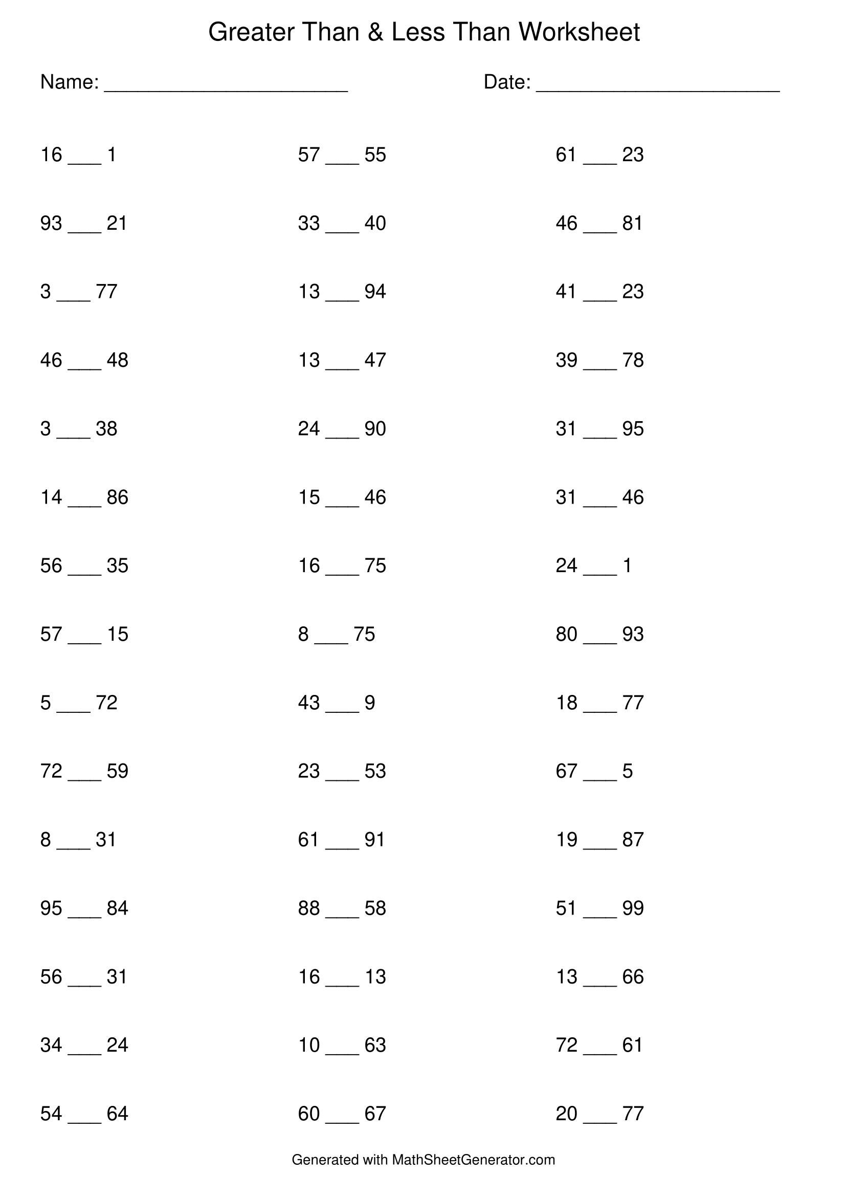 worksheet for greater than or less than, 45 problems - sheet 1