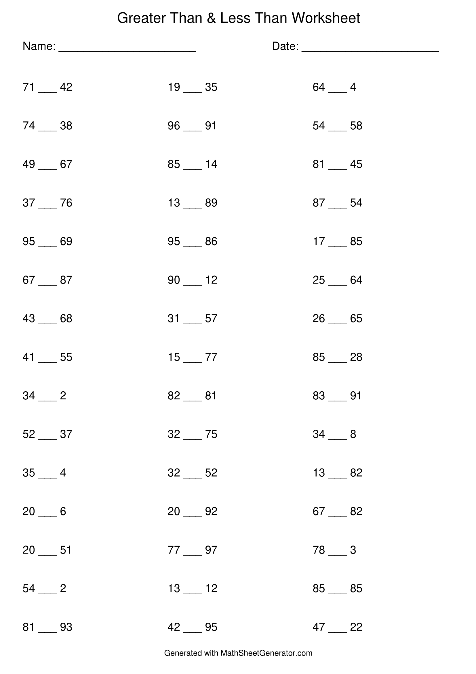 worksheet for greater than or less than, 45 problems - sheet 2