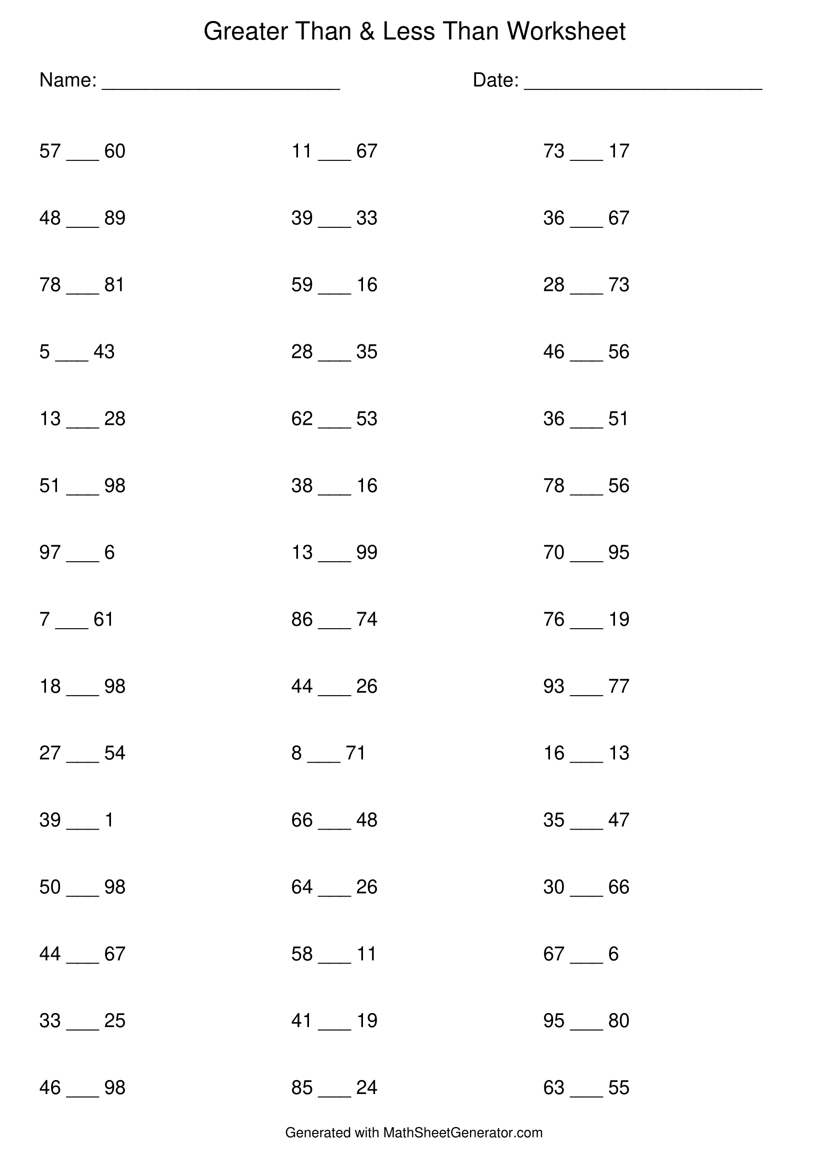 worksheet for greater than or less than, 45 problems - sheet 3