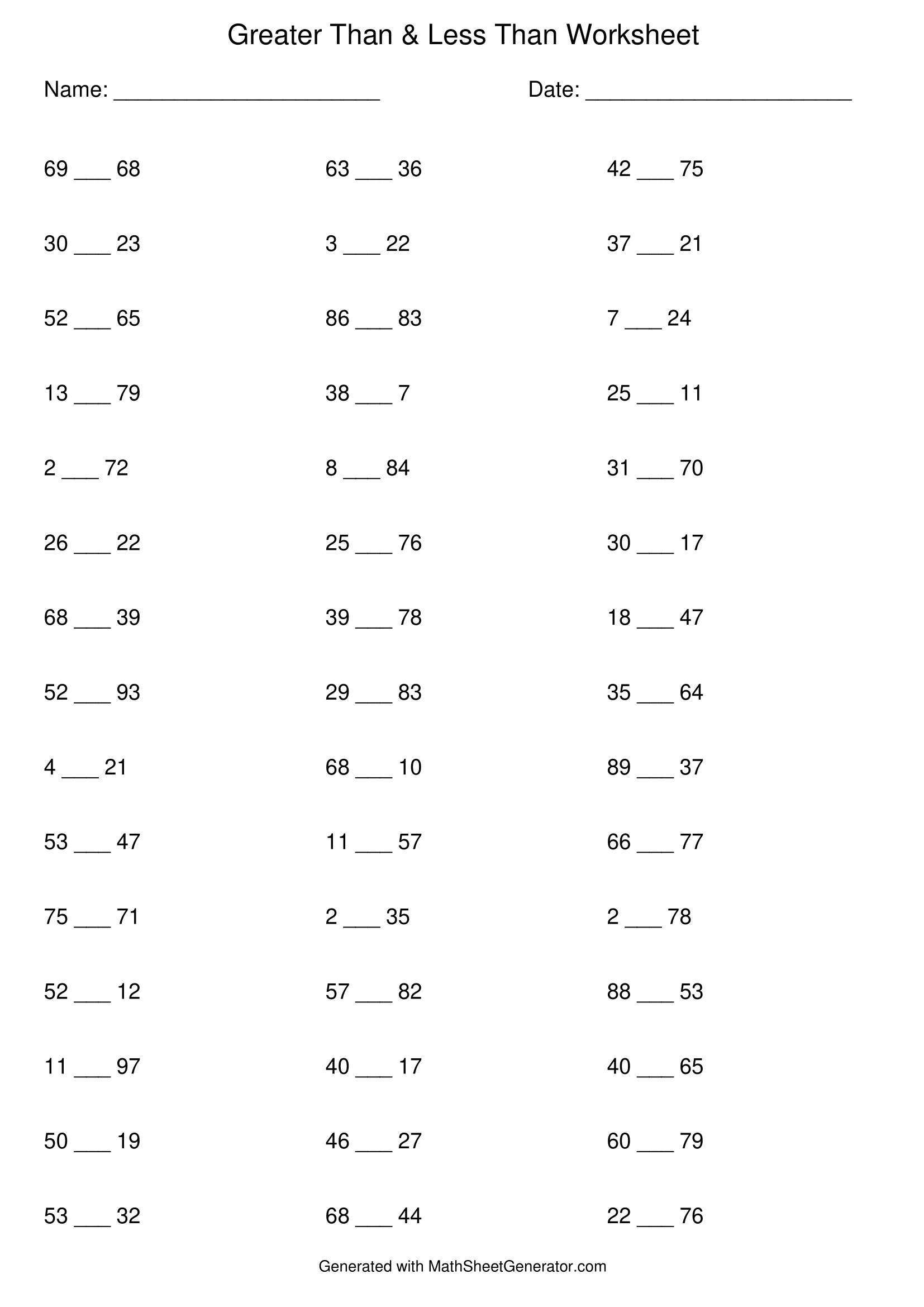 1st grade worksheet for Greater than Less than – 6 sheets