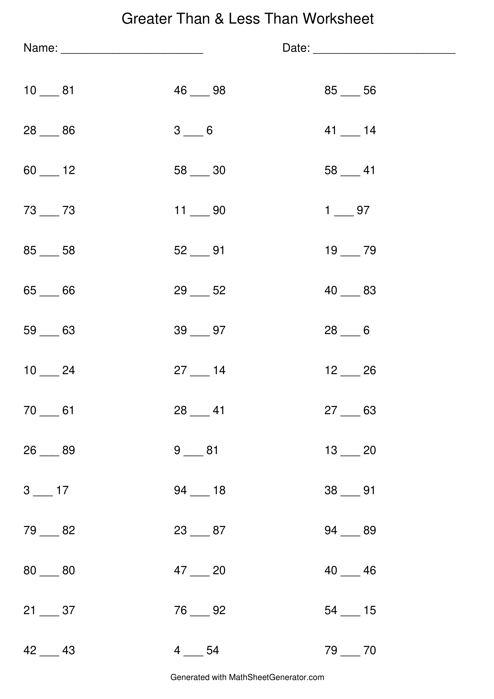 7 worksheets of Greater than Less than for 2nd grade