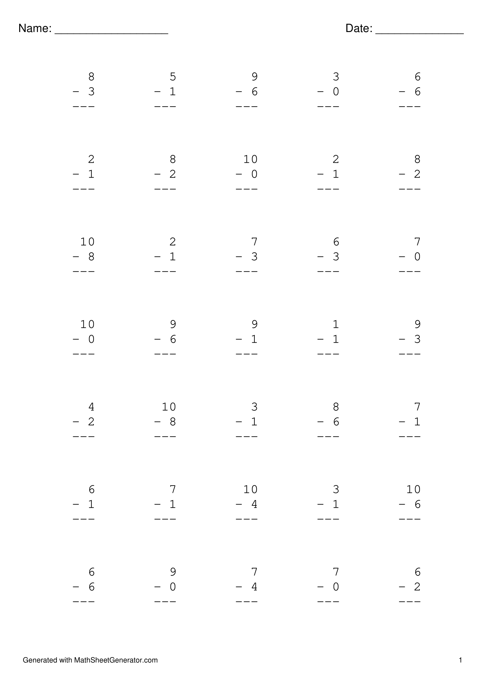 kindergarten math worksheet - subtraction 0 - 10 - page 1