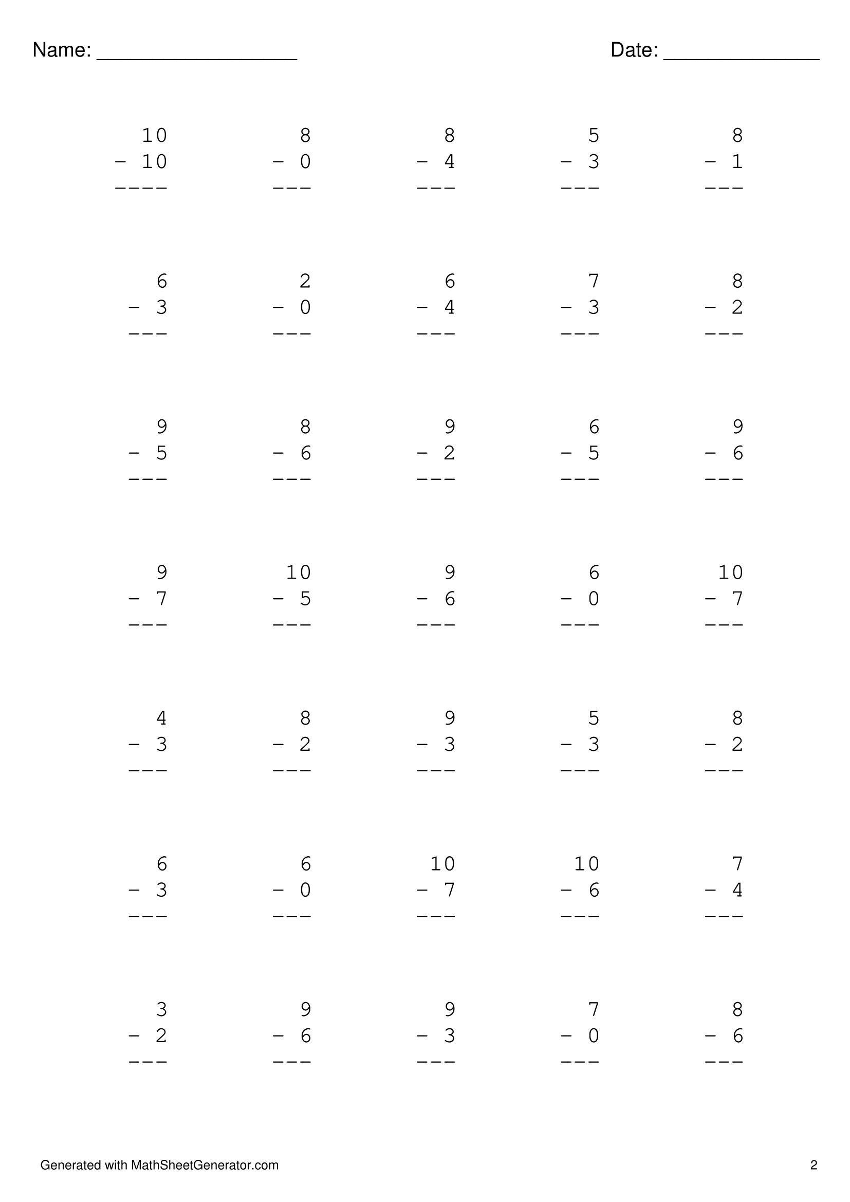 kindergarten math worksheet - subtraction 0 - 10 - page 2