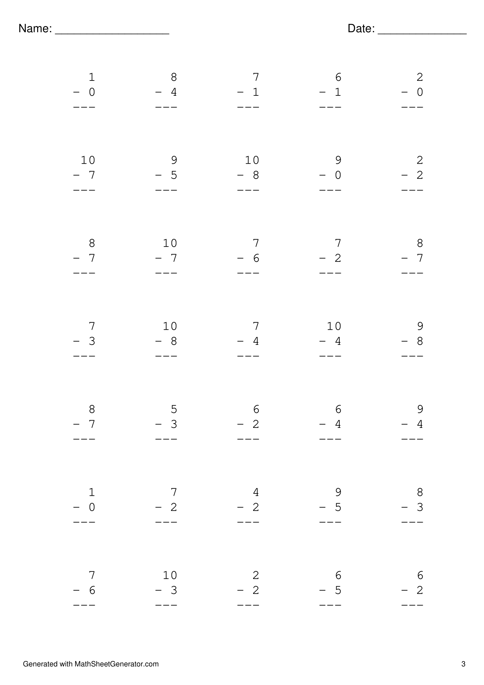 kindergarten math worksheet - subtraction 0 - 10 - page 3