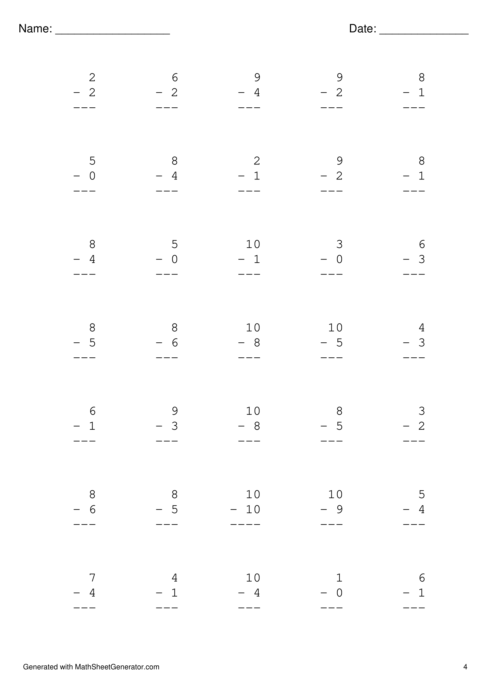 kindergarten math worksheet - subtraction 0 - 10 - page 4