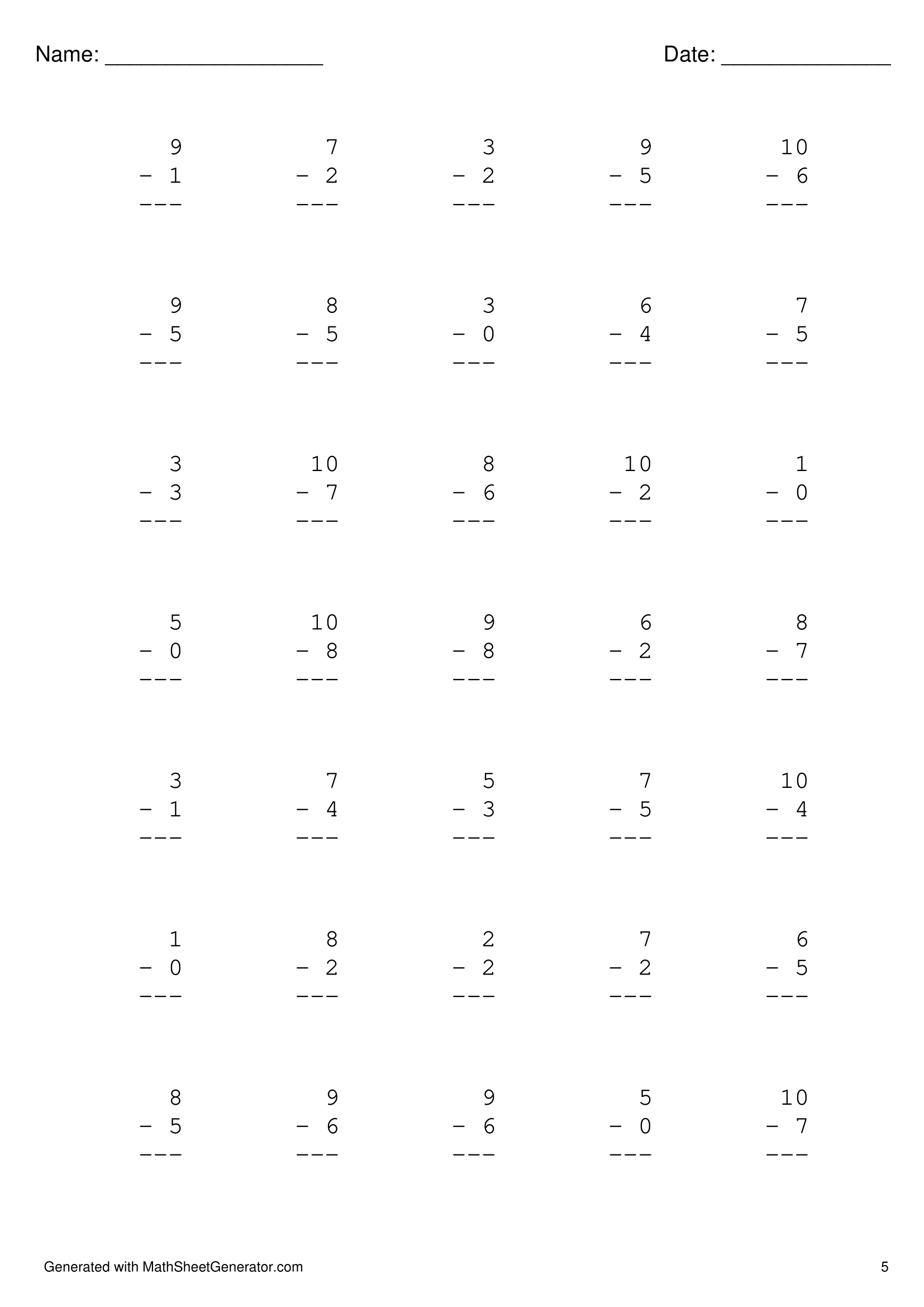 kindergarten math worksheet - subtraction 0 - 10 - page 5