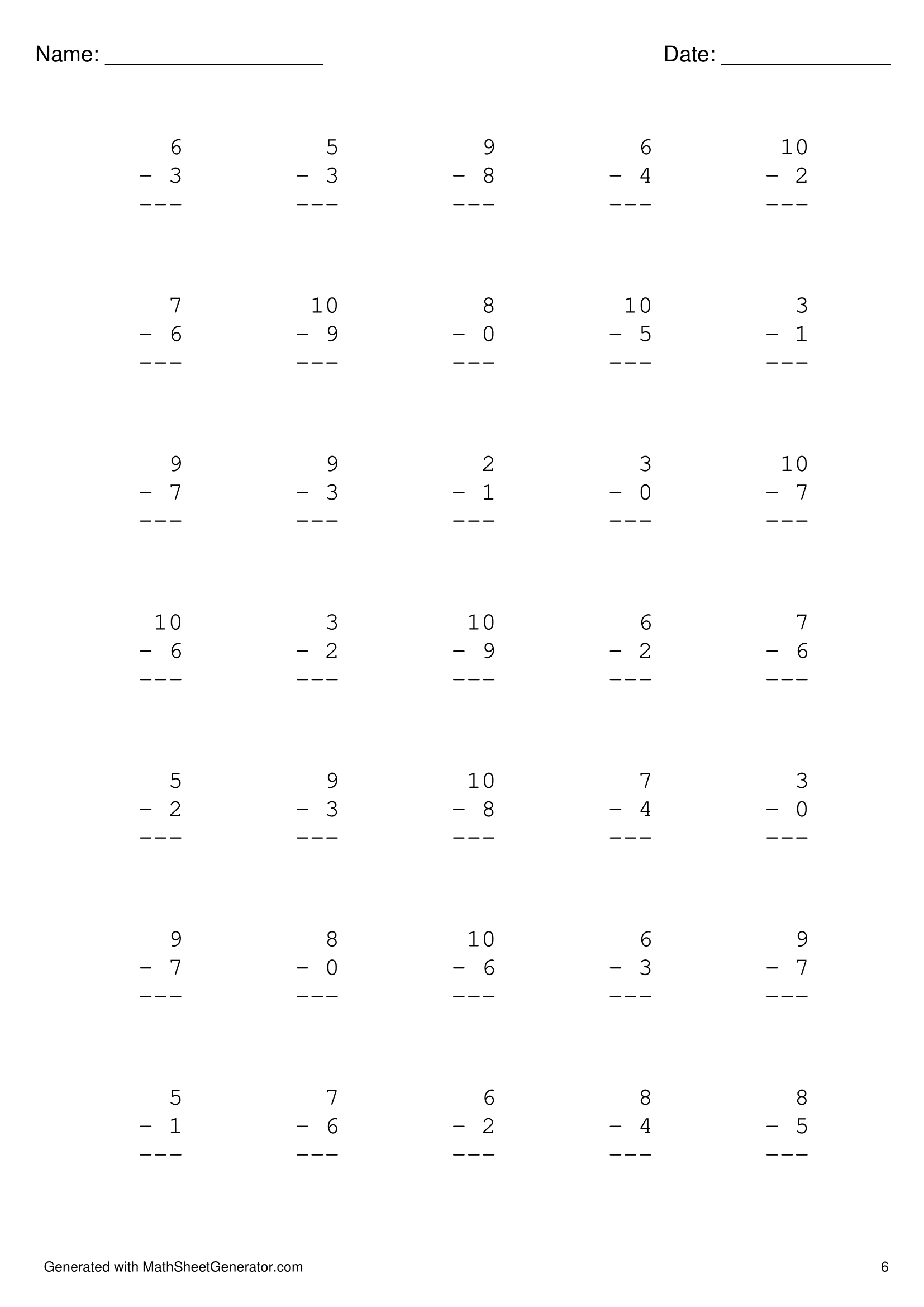 kindergarten math worksheet - subtraction 0 - 10 - page 6