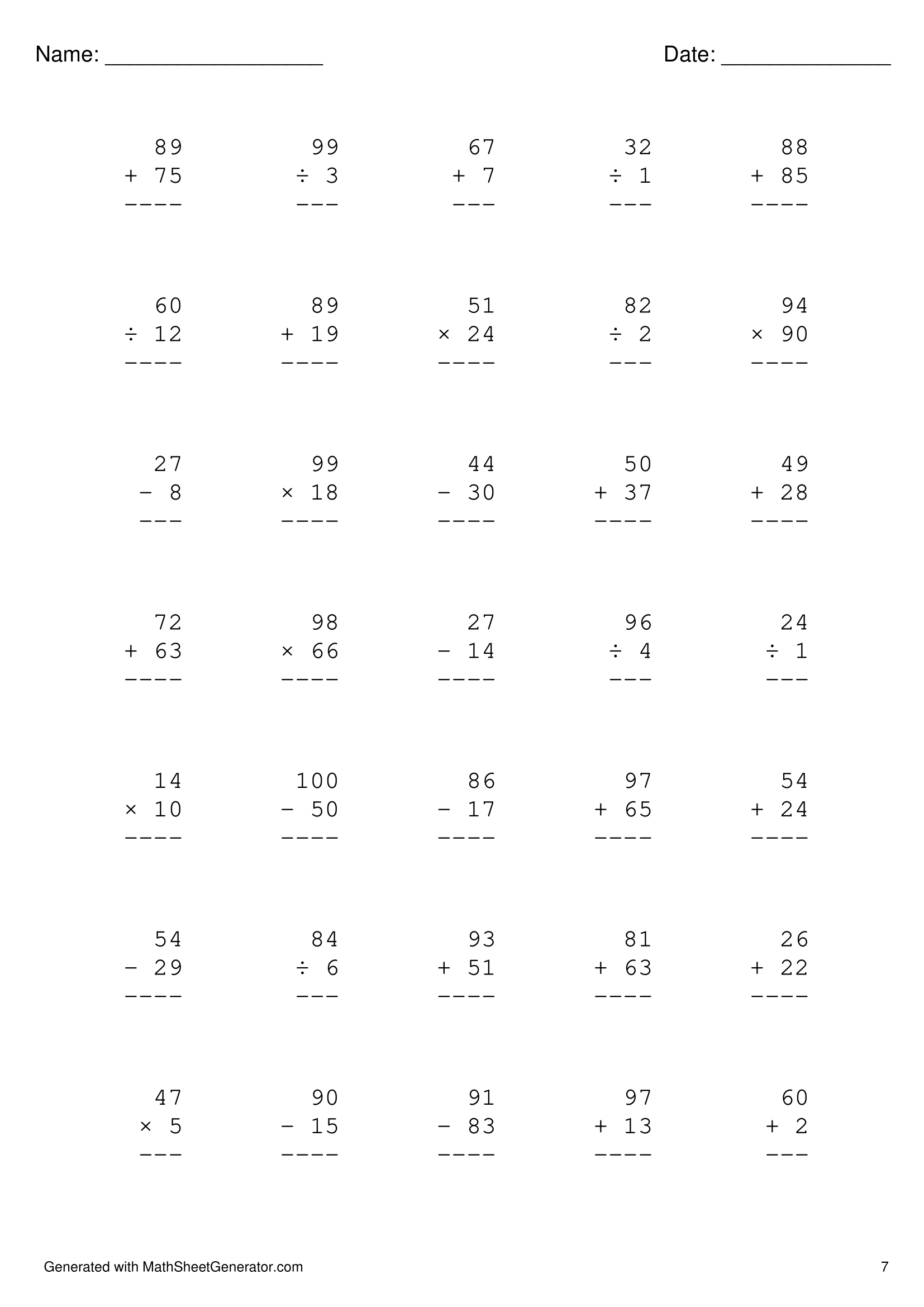 8 pages of Math worksheet with mixed operations (➕, ➖, ✖, ➗)