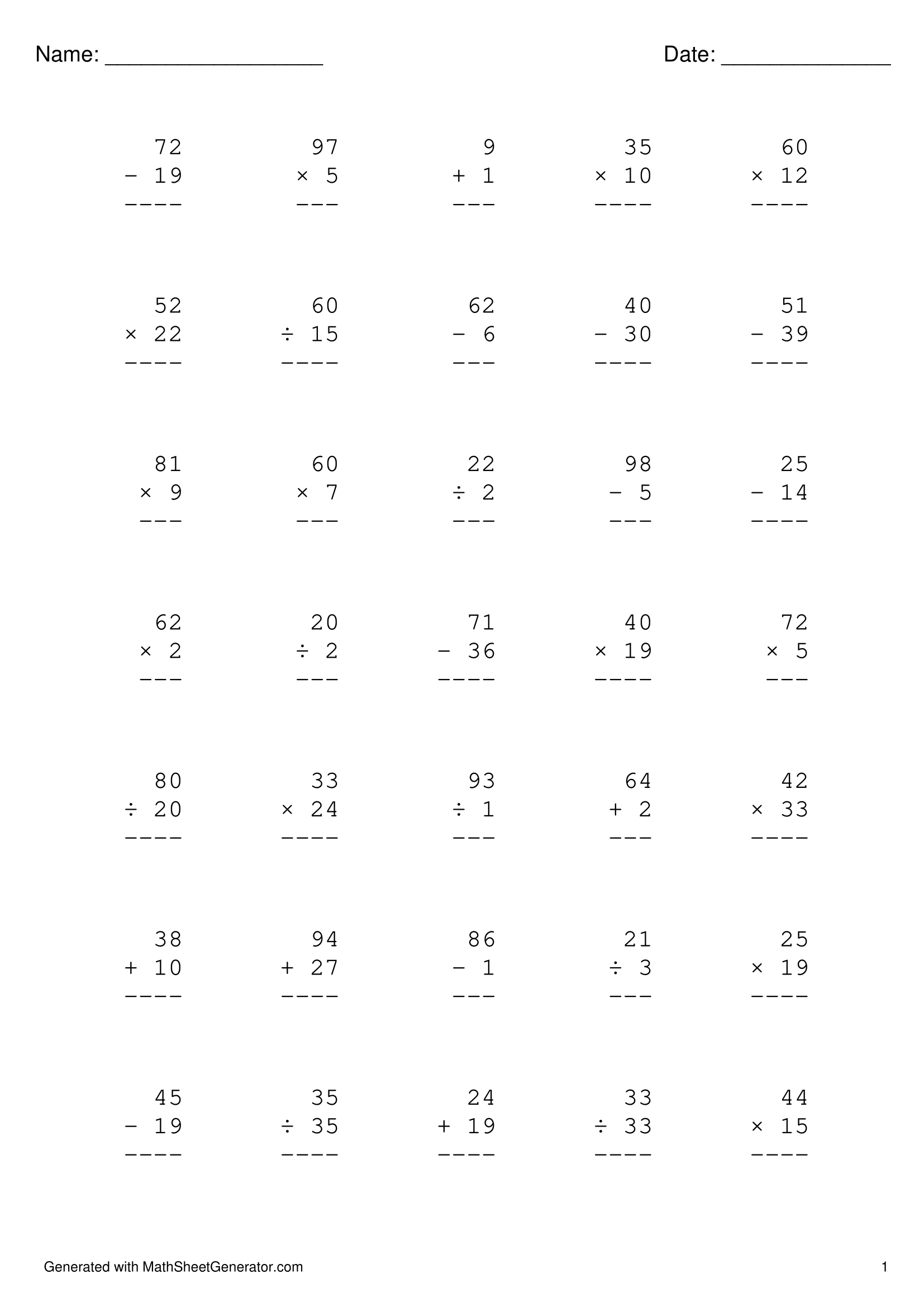 mix math problem (addition, subtraction, multiplication, division) - page 1