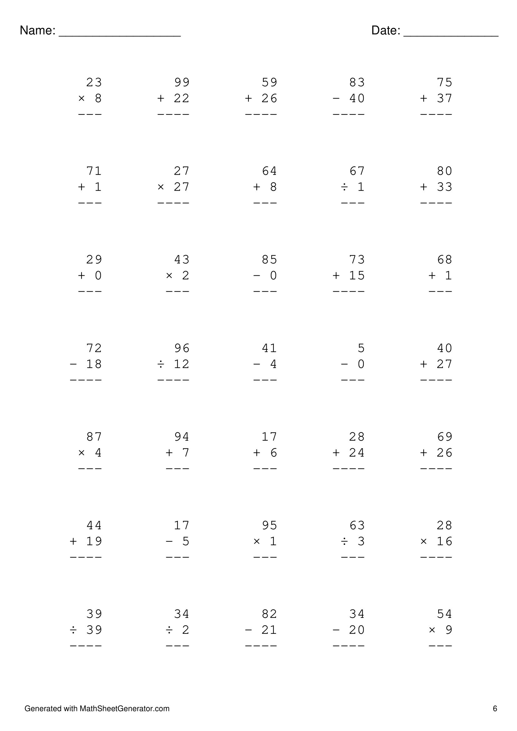 [Mix Math Worksheets] six pages of math worksheets (➕, ➖, ✖, ➗)