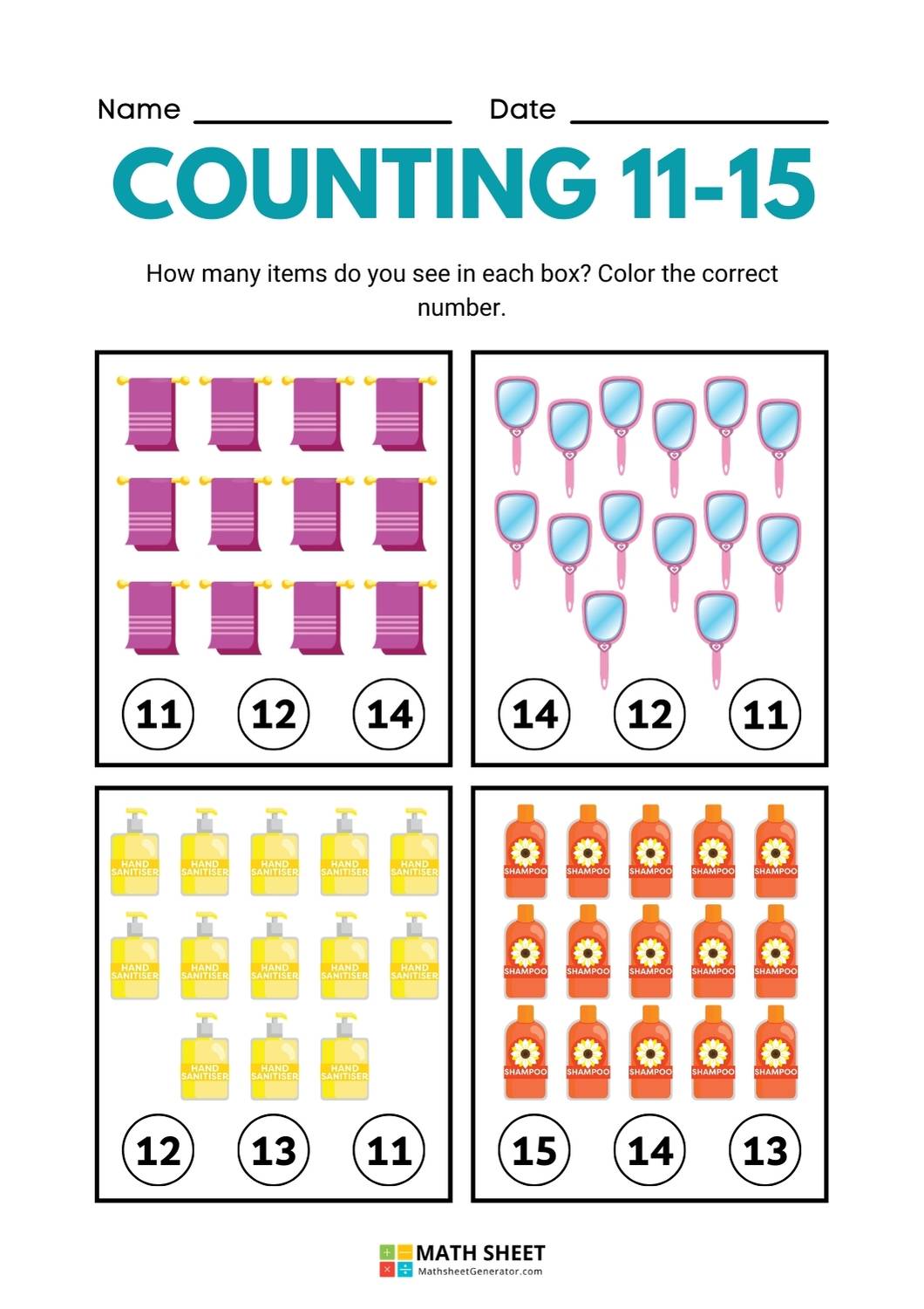 Counting 11-15 Math Worksheets