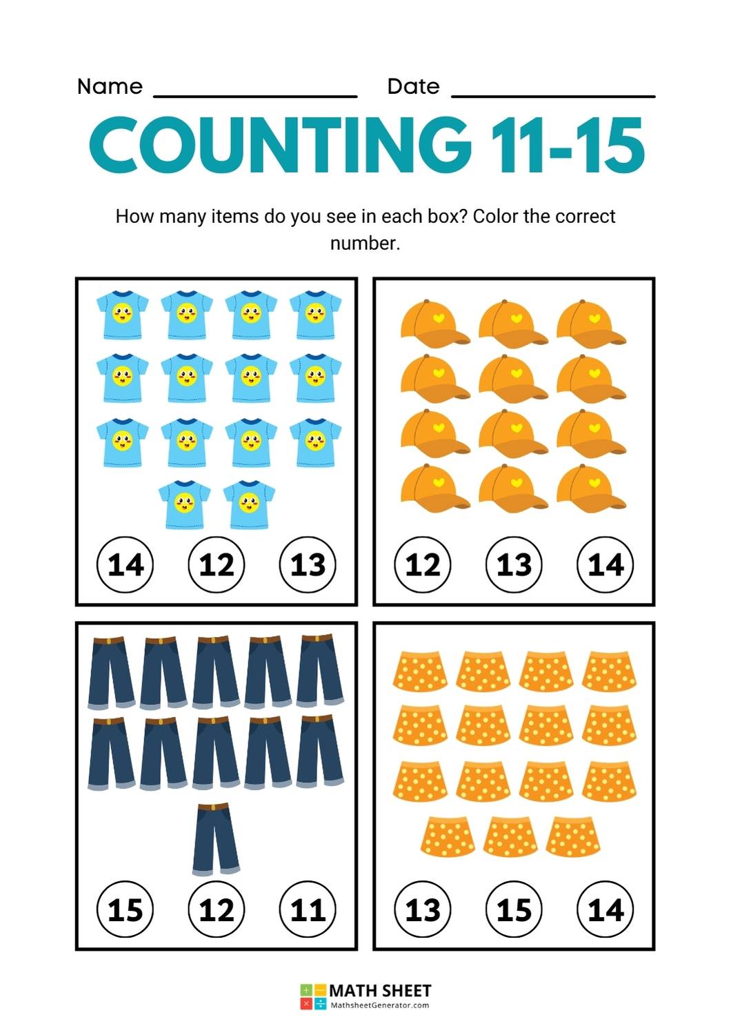 Counting 11-15 Math Worksheet page 2
