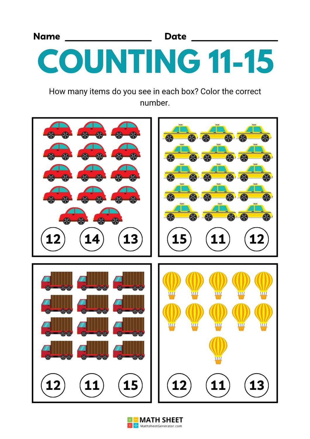 Counting 11-15 Math Worksheet page 3