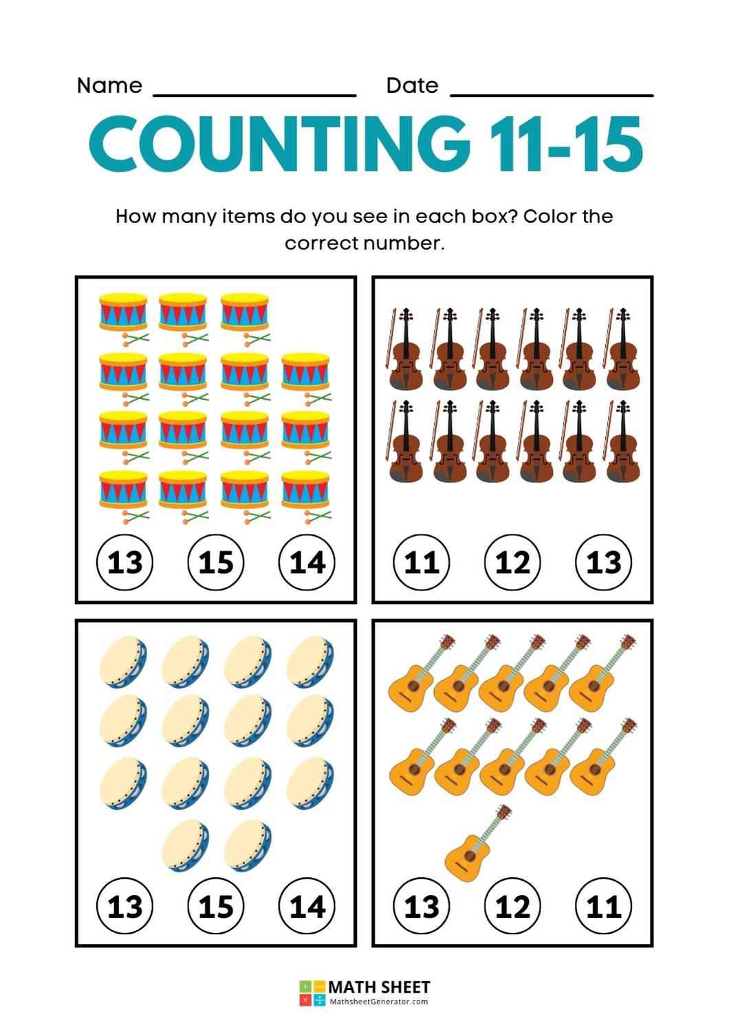 Counting 11-15 Math Worksheet page 5