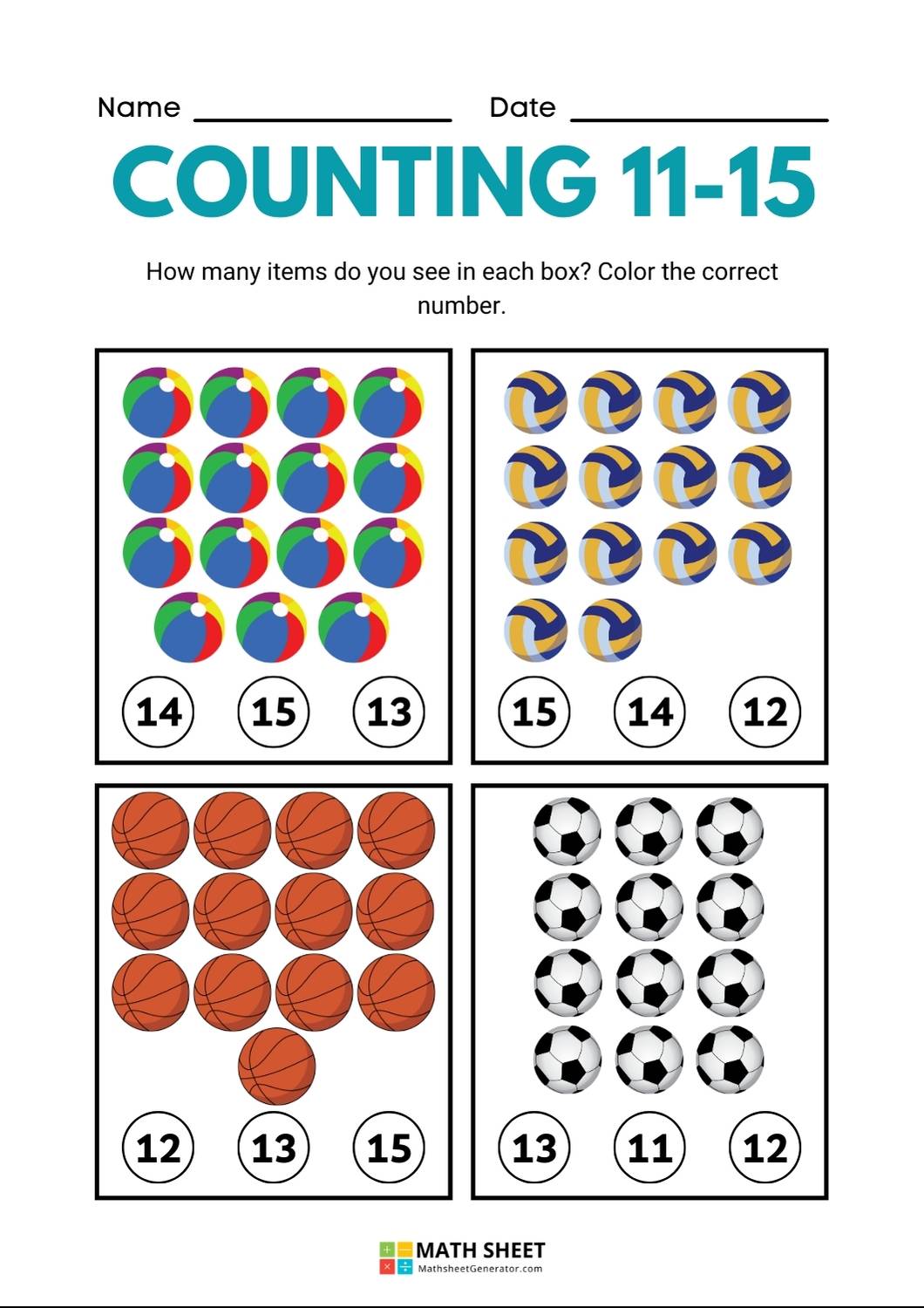 Counting 11-15 Math Worksheet page 4