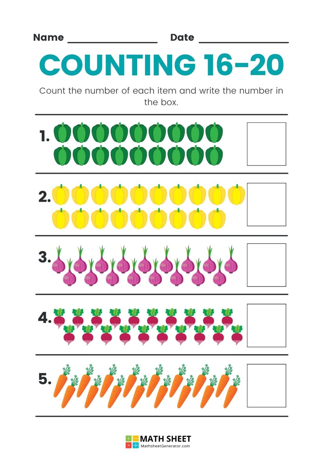 Counting 16-20 Math Worksheets