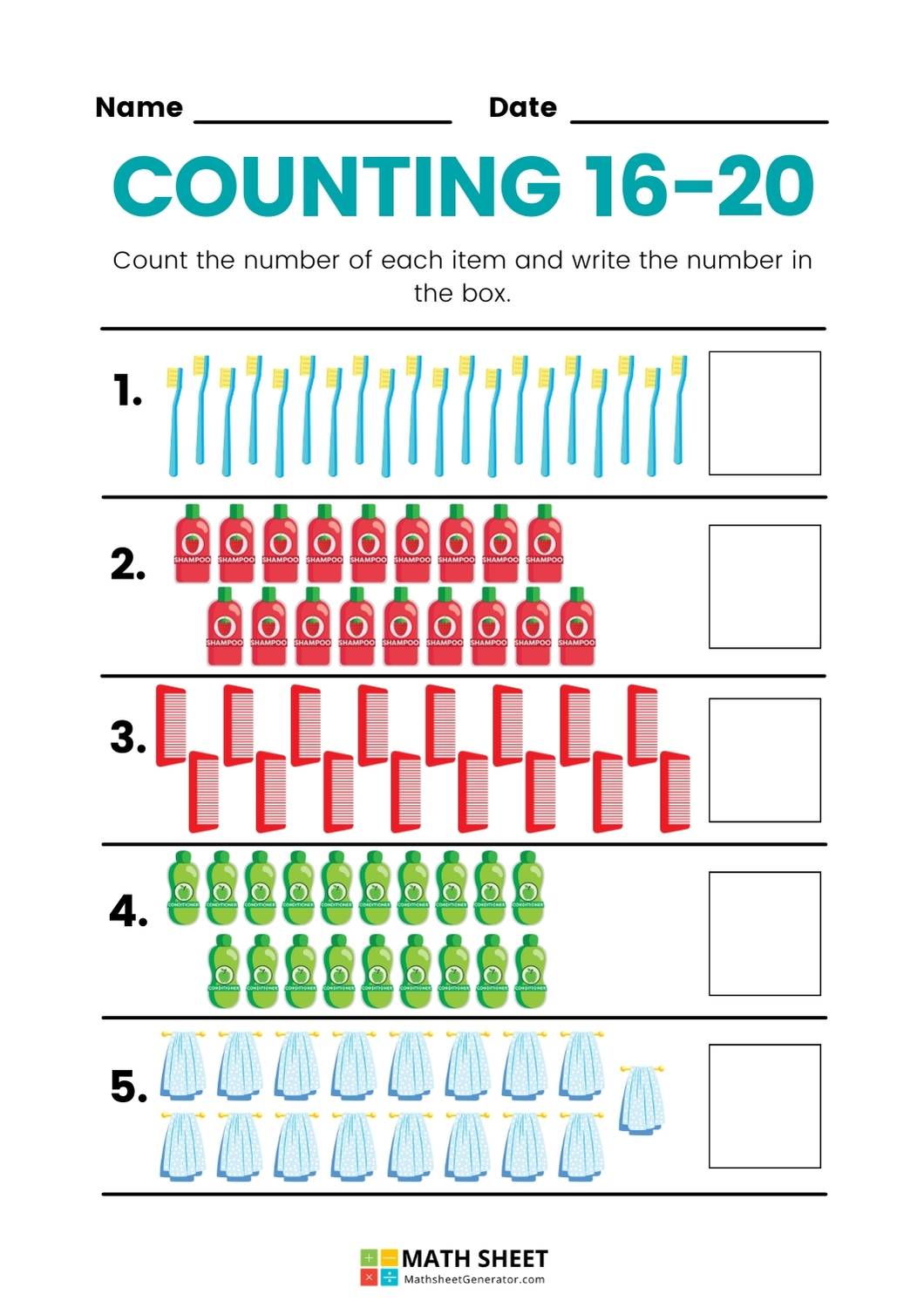 Counting 16-20 Math Worksheet page 2