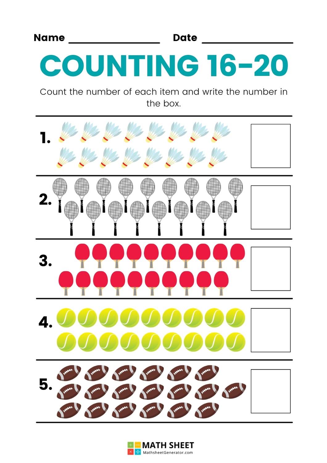 Counting 16-20 Math Worksheet page 3