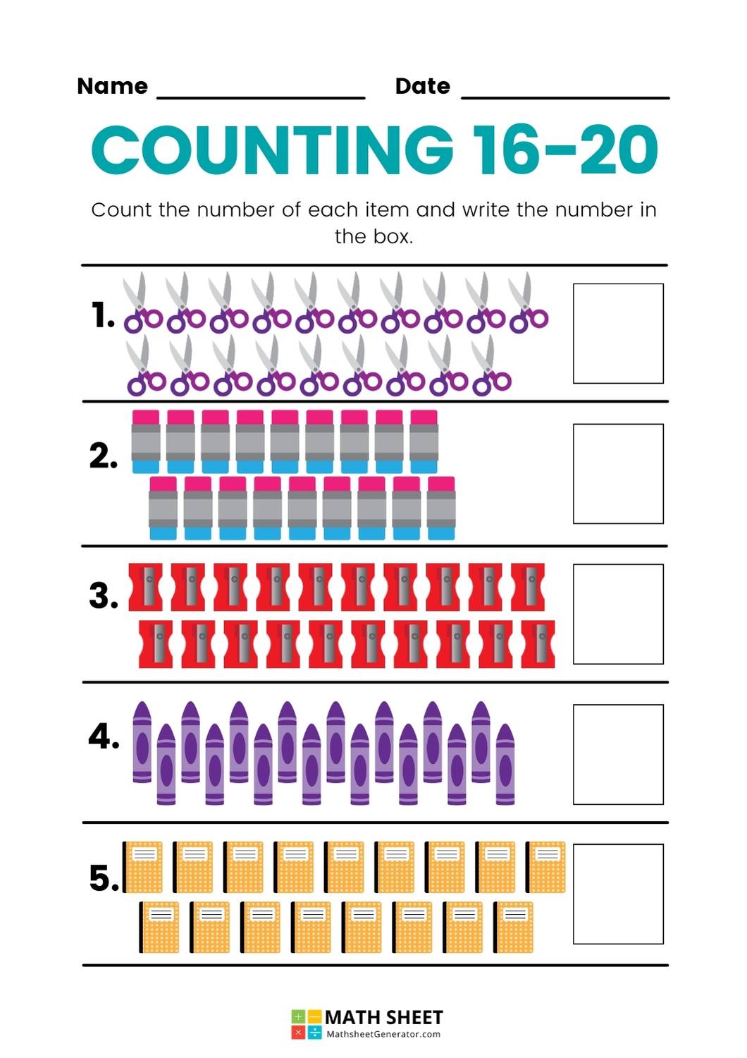 Counting 16-20 Math Worksheet page 4