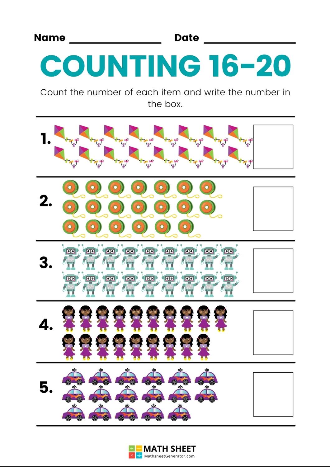 Counting 16-20 Math Worksheet page 5
