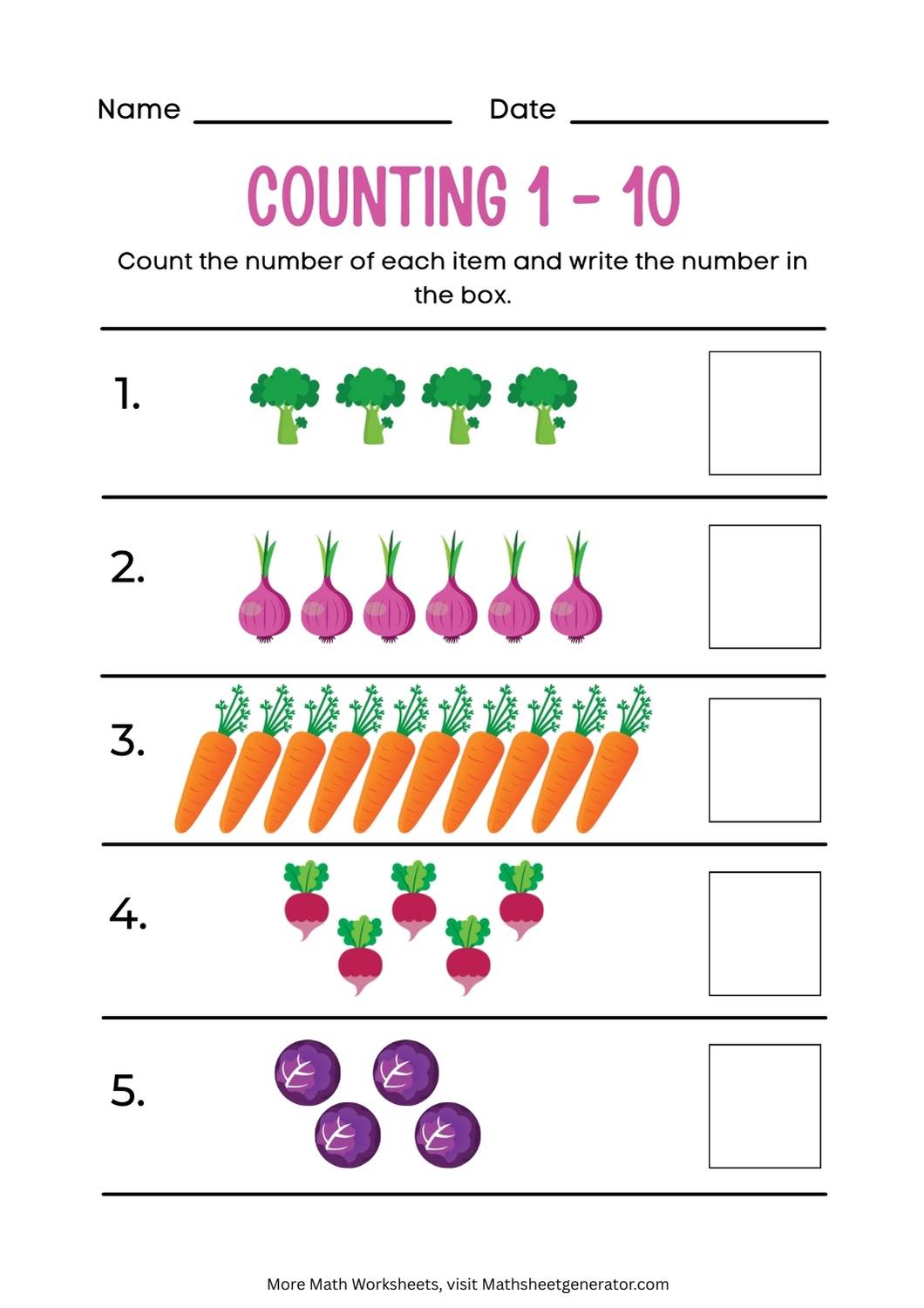 count the number of each item and write the number in box worksheet 1