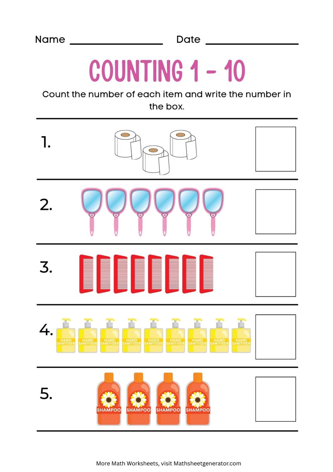 count the number of each item and write the number in box worksheet 2