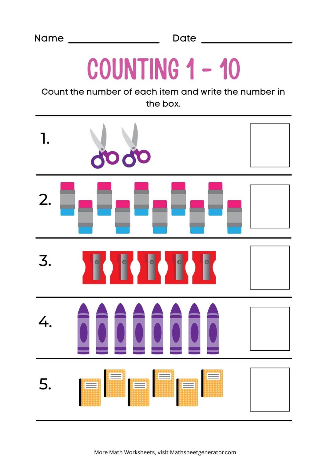 count the number of each item and write the number in box worksheet 4