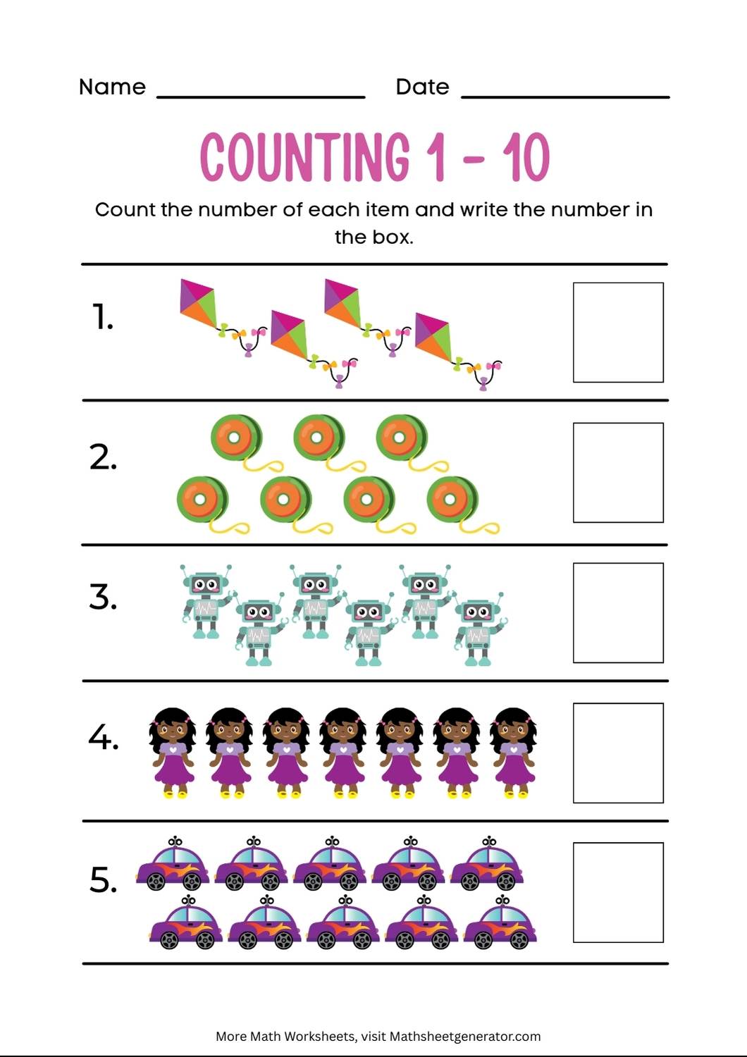 count the number of each item and write the number in box worksheet 5